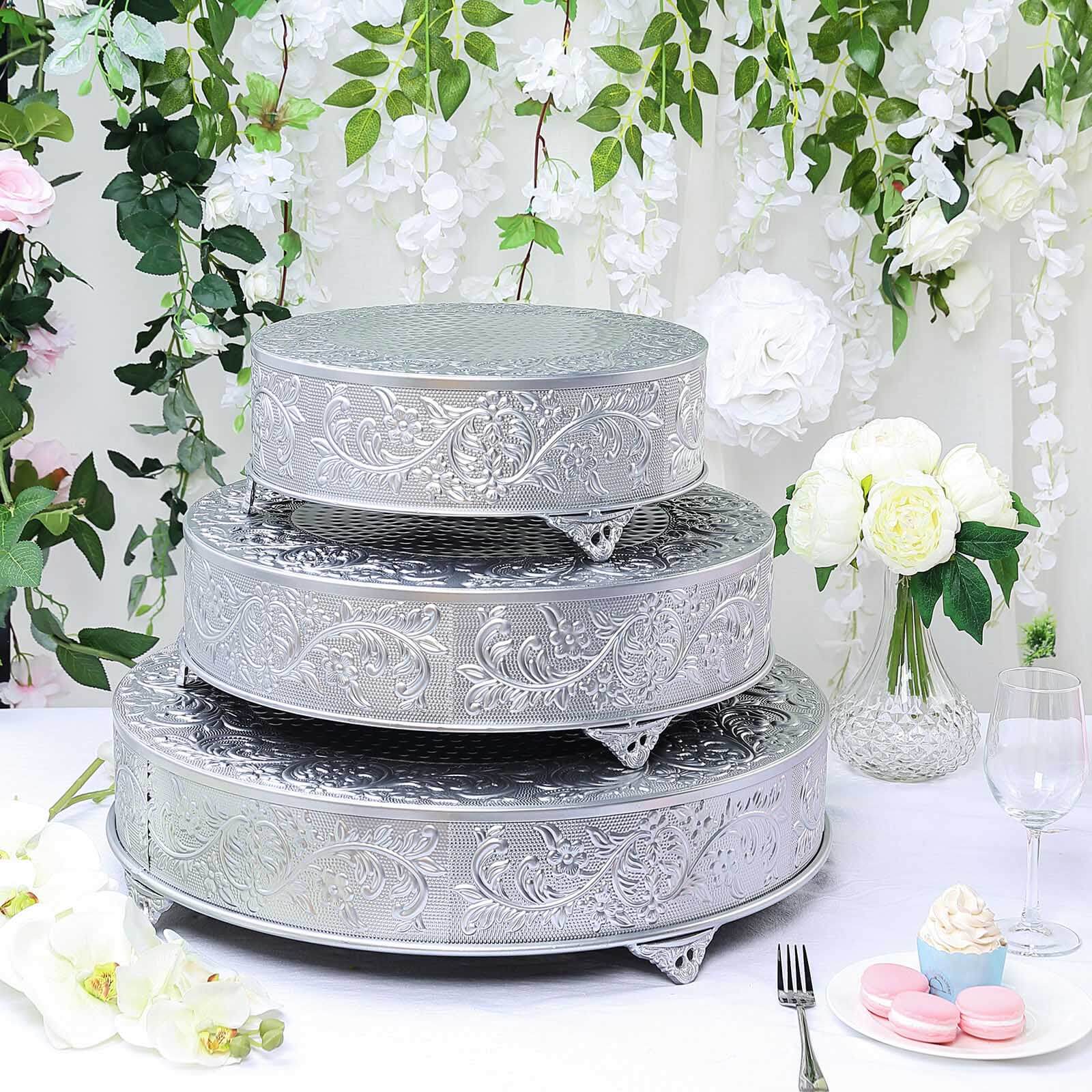 Metal Round Cake Pedestal Stand 22" Silver with Embossed Design - Matte Cupcake Display Riser Centerpiece Dessert Tray - Image 7