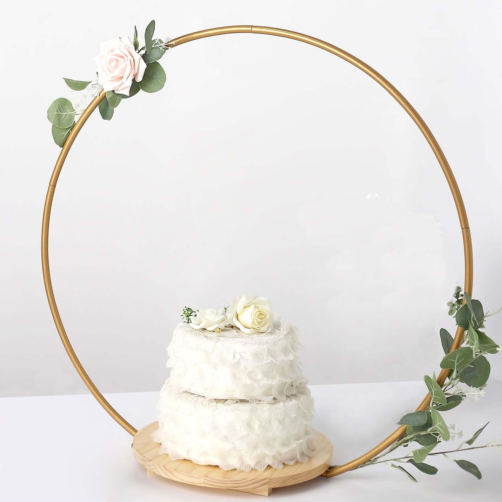Metal Round Floral Hoop Cake Stand 33" Gold - Modern Geometric Dessert Display Centerpiece Stand With Wooden Base for Glamorous Events & Celebrations - Image 6