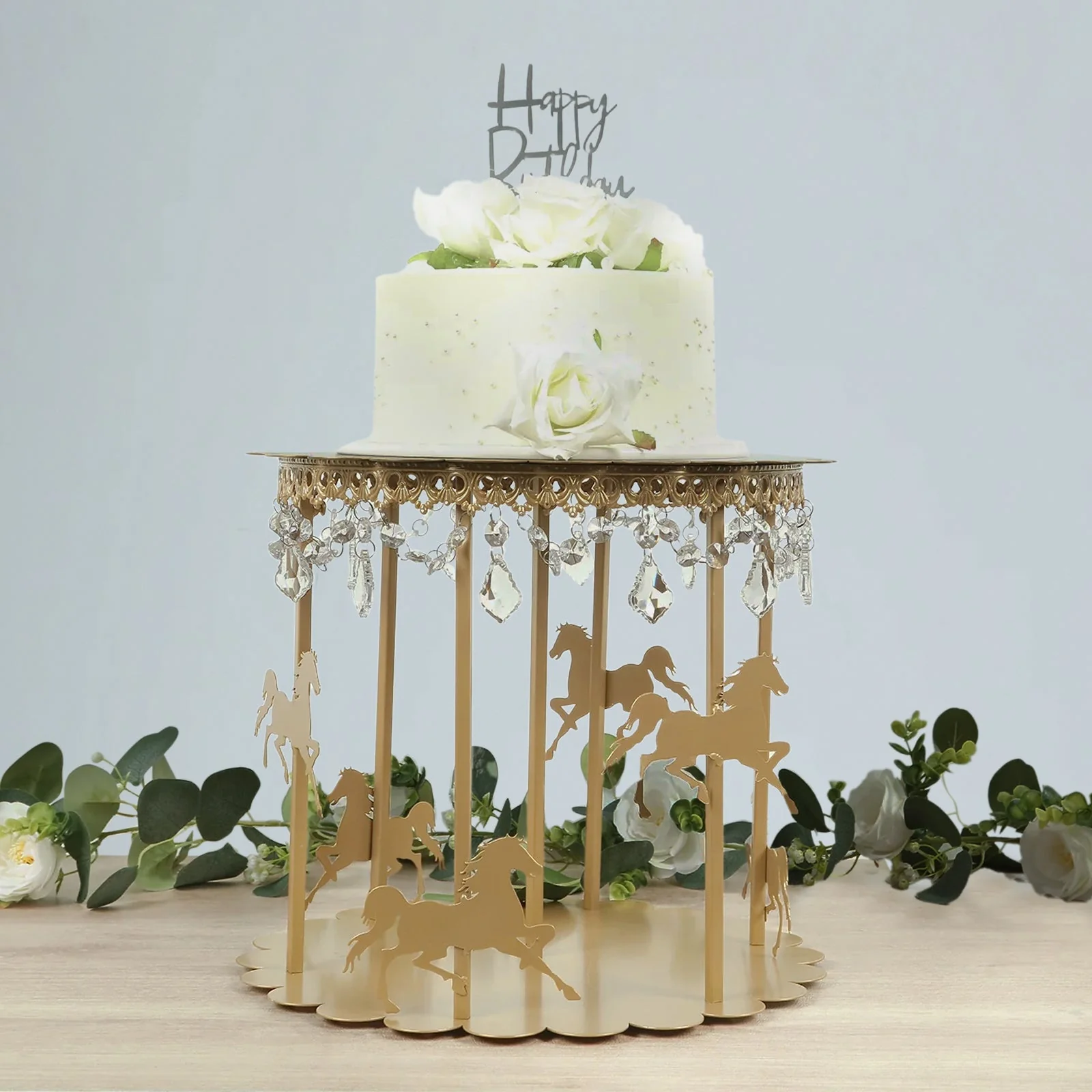 Metal Round Pedestal Cake Stand 14" Gold Carousel Design with Hanging Acrylic Beads - Glamorous Cupcake Holder Dessert Display for Buffets & Banquets