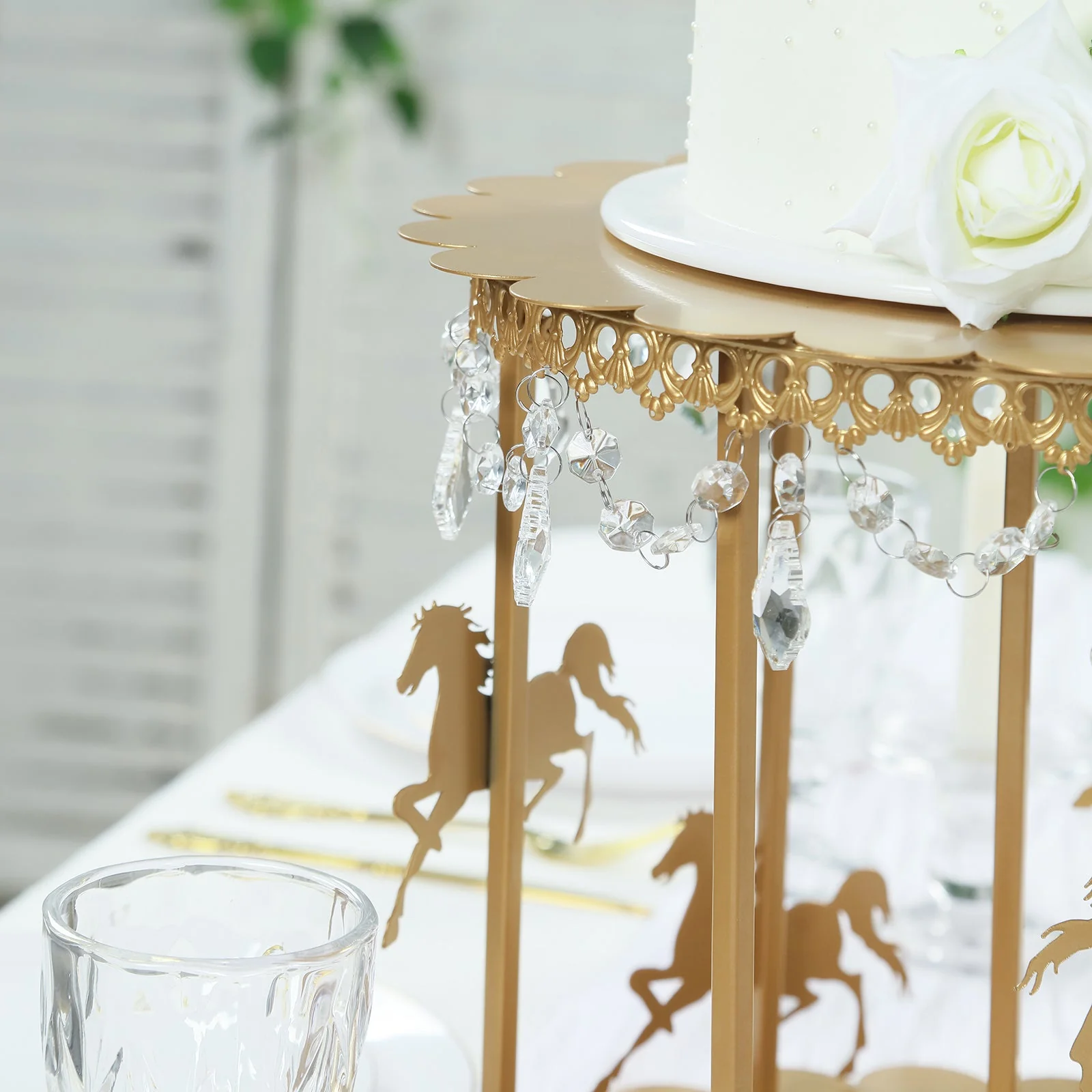 Metal Round Pedestal Cake Stand 14" Gold Carousel Design with Hanging Acrylic Beads - Glamorous Cupcake Holder Dessert Display for Buffets & Banquets - Image 4