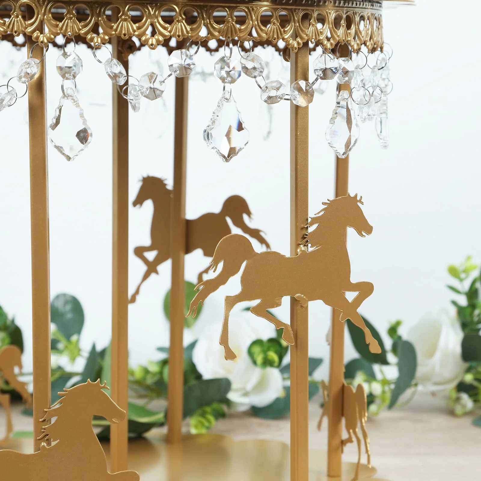Metal Round Pedestal Cake Stand 14" Gold Carousel Design with Hanging Acrylic Beads - Glamorous Cupcake Holder Dessert Display for Buffets & Banquets - Image 5