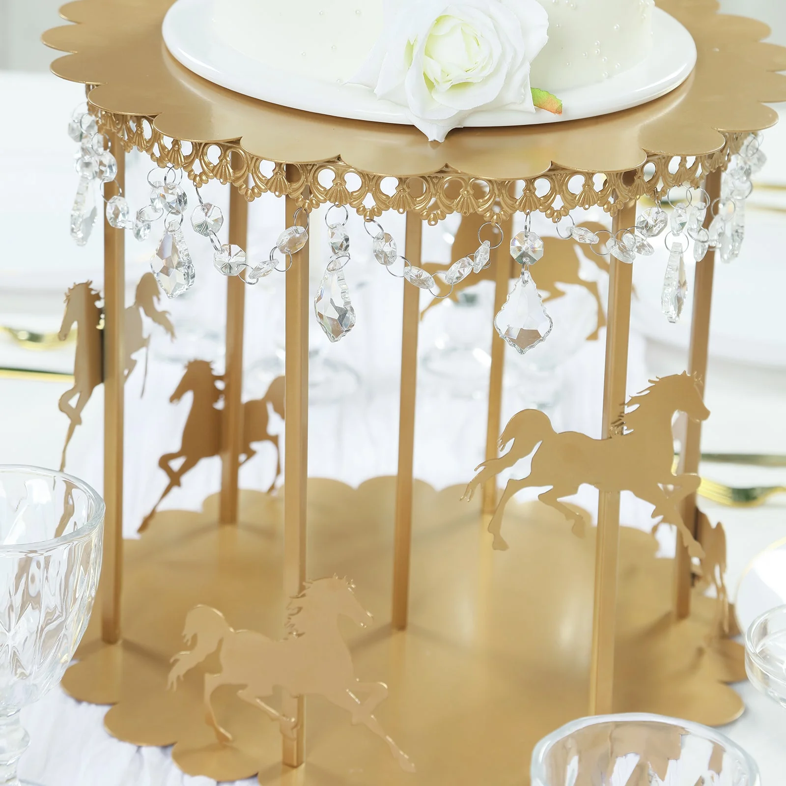 Metal Round Pedestal Cake Stand 14" Gold Carousel Design with Hanging Acrylic Beads - Glamorous Cupcake Holder Dessert Display for Buffets & Banquets - Image 6