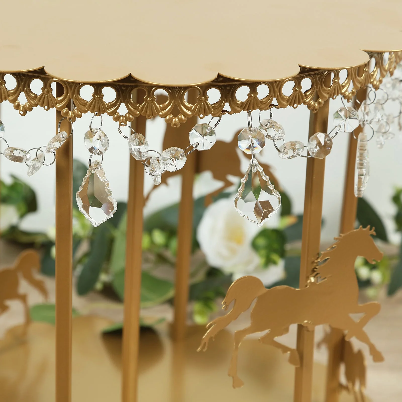 Metal Round Pedestal Cake Stand 14" Gold Carousel Design with Hanging Acrylic Beads - Glamorous Cupcake Holder Dessert Display for Buffets & Banquets - Image 7