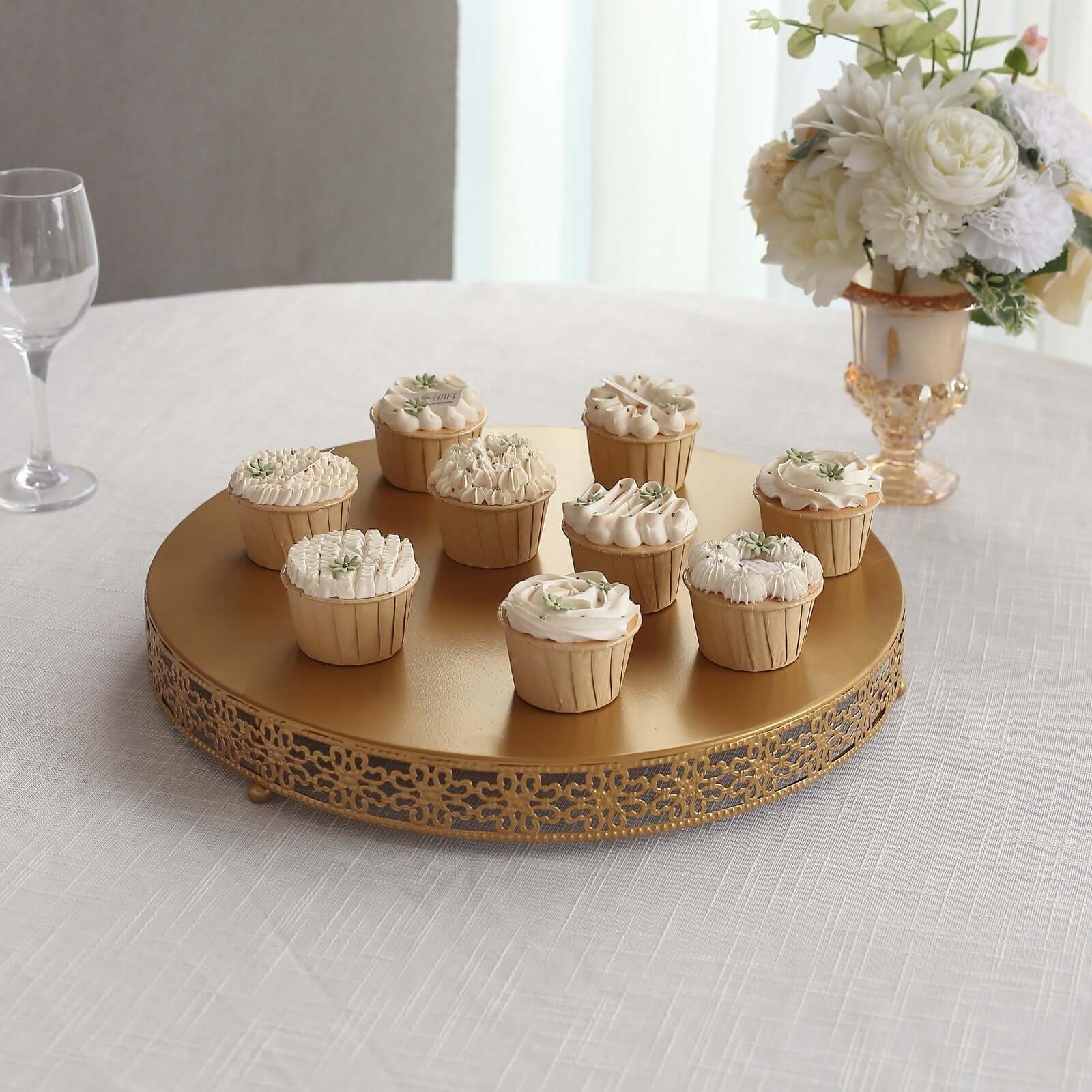 Metal Round Pedestal Cake Stand 16" Gold in Fleur De Lis Style - Decorative Cupcake Dessert Display Stand Wedding Party Table Centerpiece - Image 7