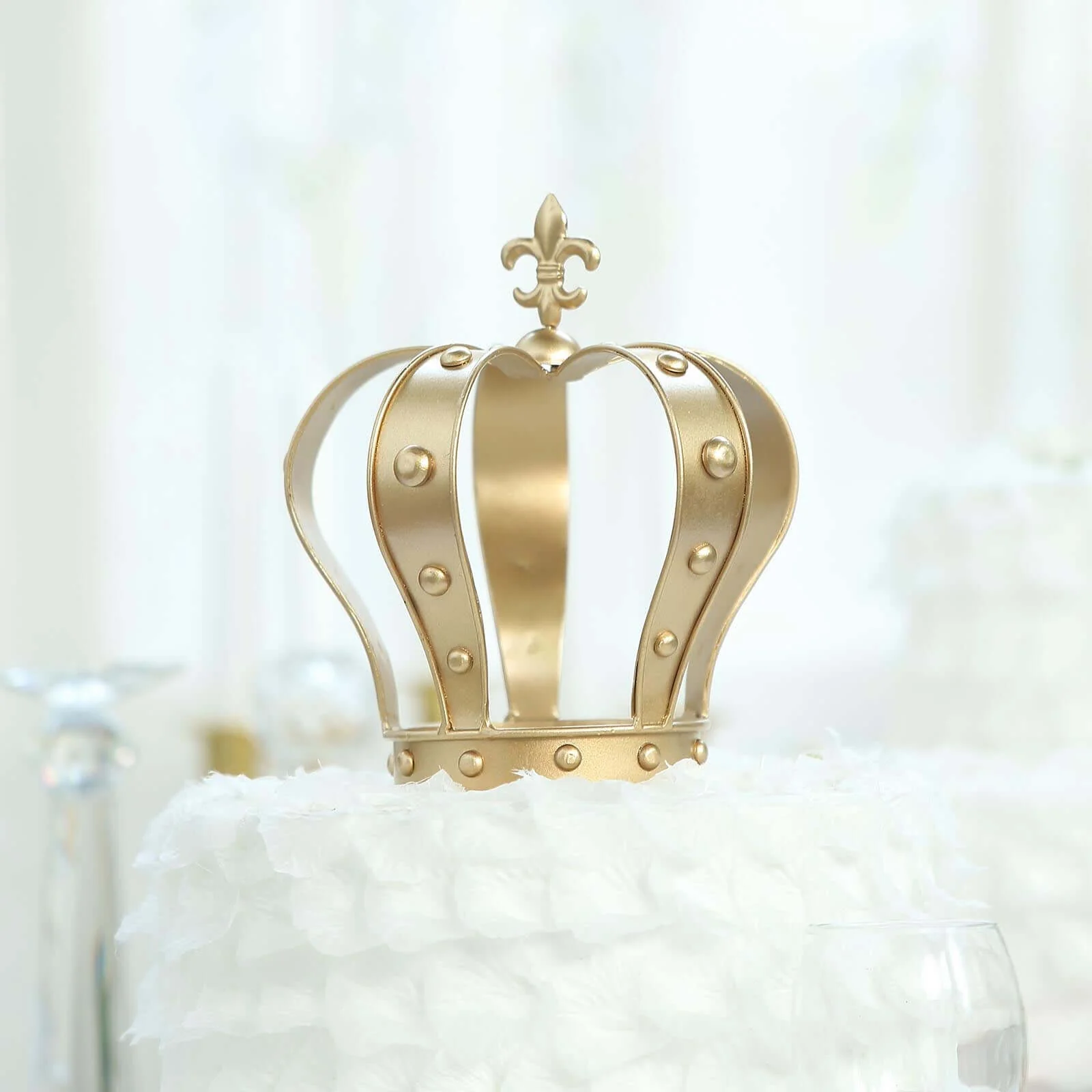 Metal Royal Crown Cake Topper 8" Gold Fleur-De-Lis Top - Majestic Cake Centerpiece Decoration for Formal & Grandiose Celebrations