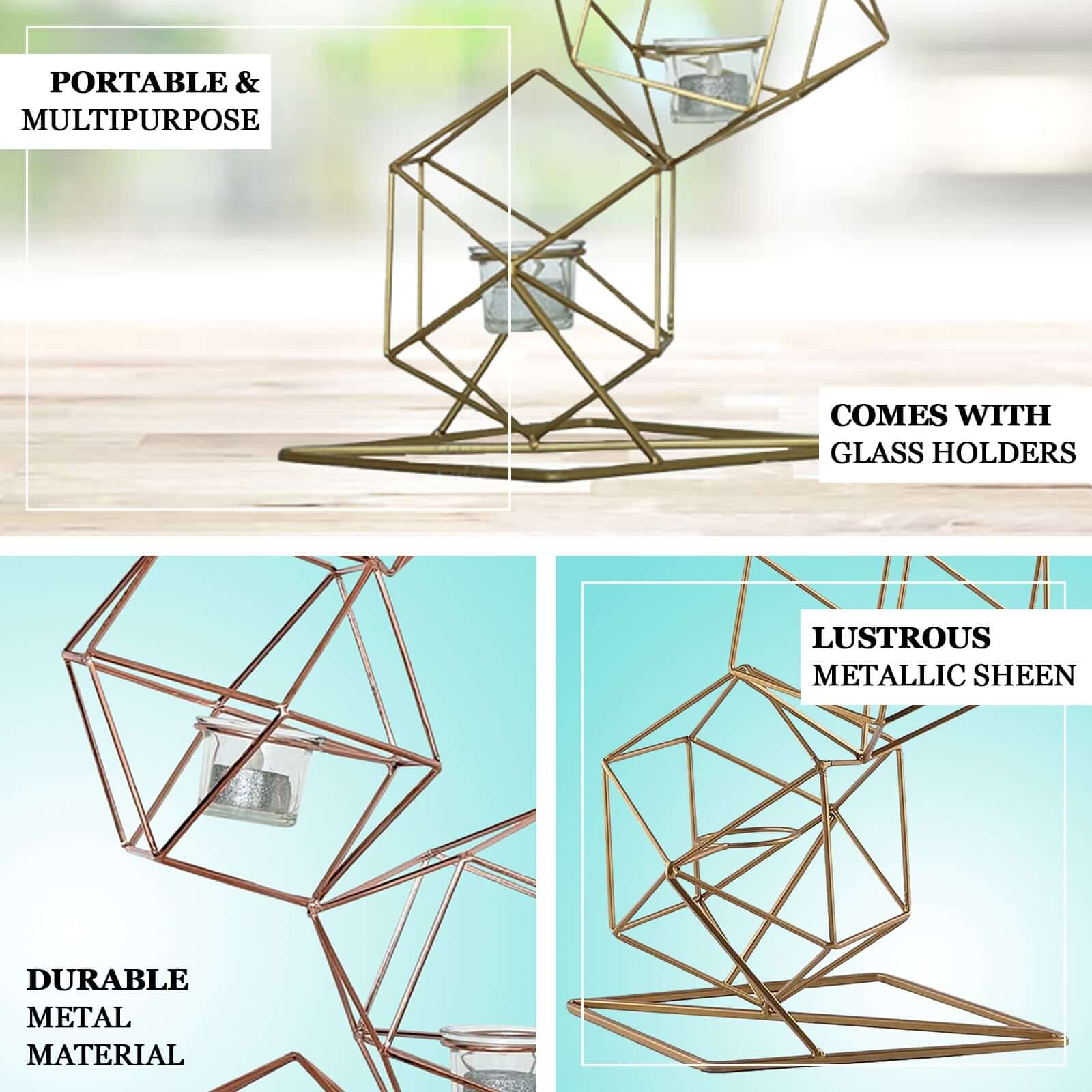 Metal Tealight Candle Holder 25" Linked Geometric Design with Votive Glass Holders Gold - Luxe Centerpieces for Weddings & Events - Image 4
