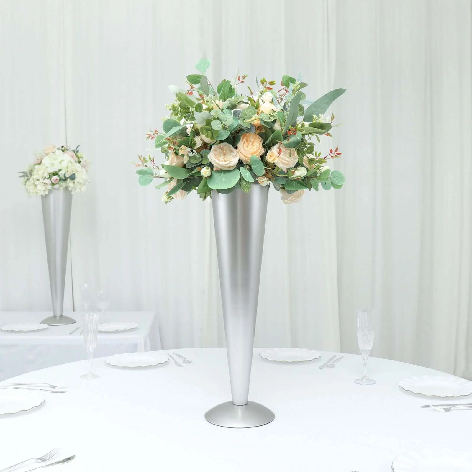 Metal Trumpet Flower Vase 28" Brushed Silver - Luxe Design Centerpieces - Image 4