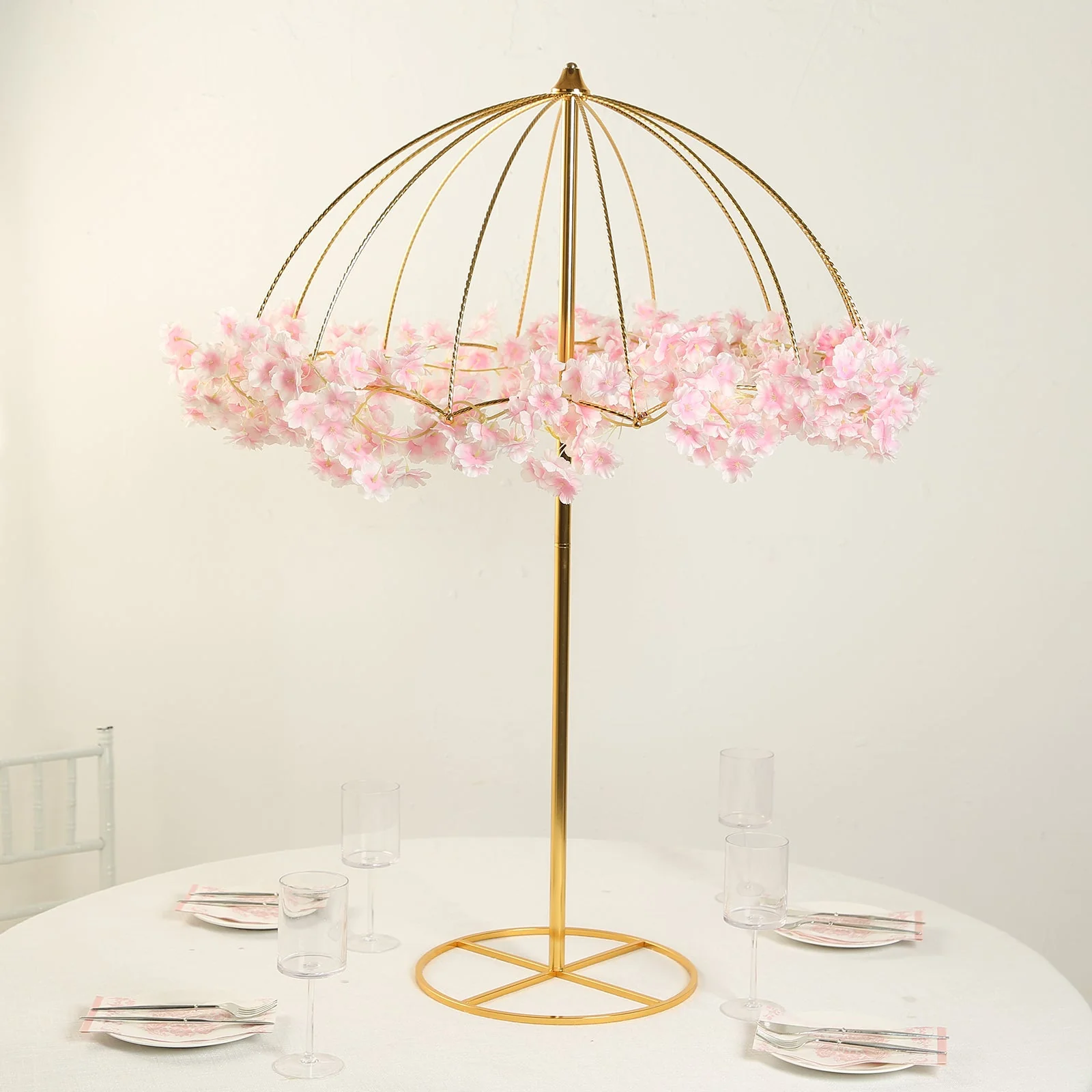 Metal Umbrella Flower Stand 42" Gold Round Base - Floral Frame Wedding Table Centerpiece - Image 3