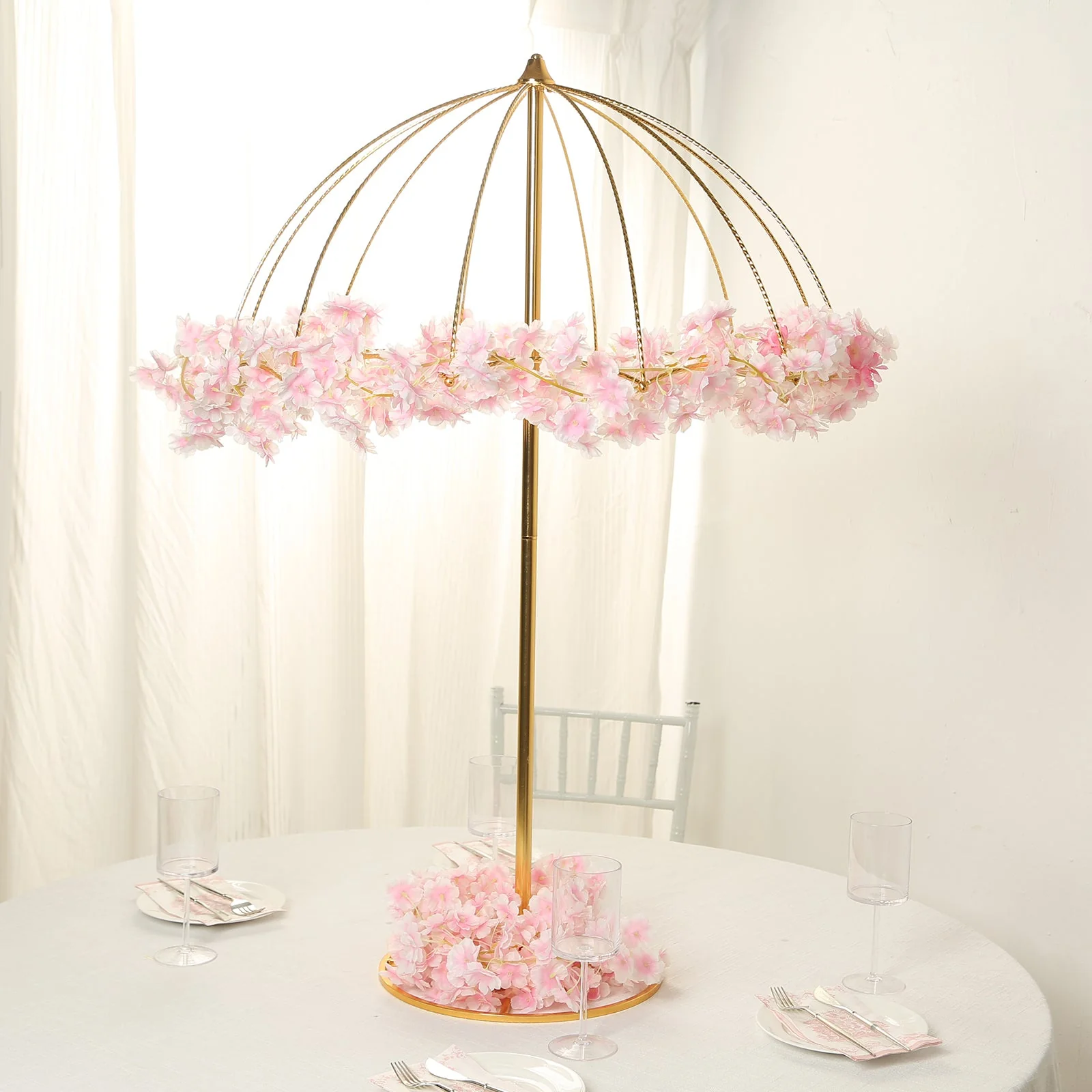 Metal Umbrella Flower Stand 42" Gold Round Base - Floral Frame Wedding Table Centerpiece - Image 4