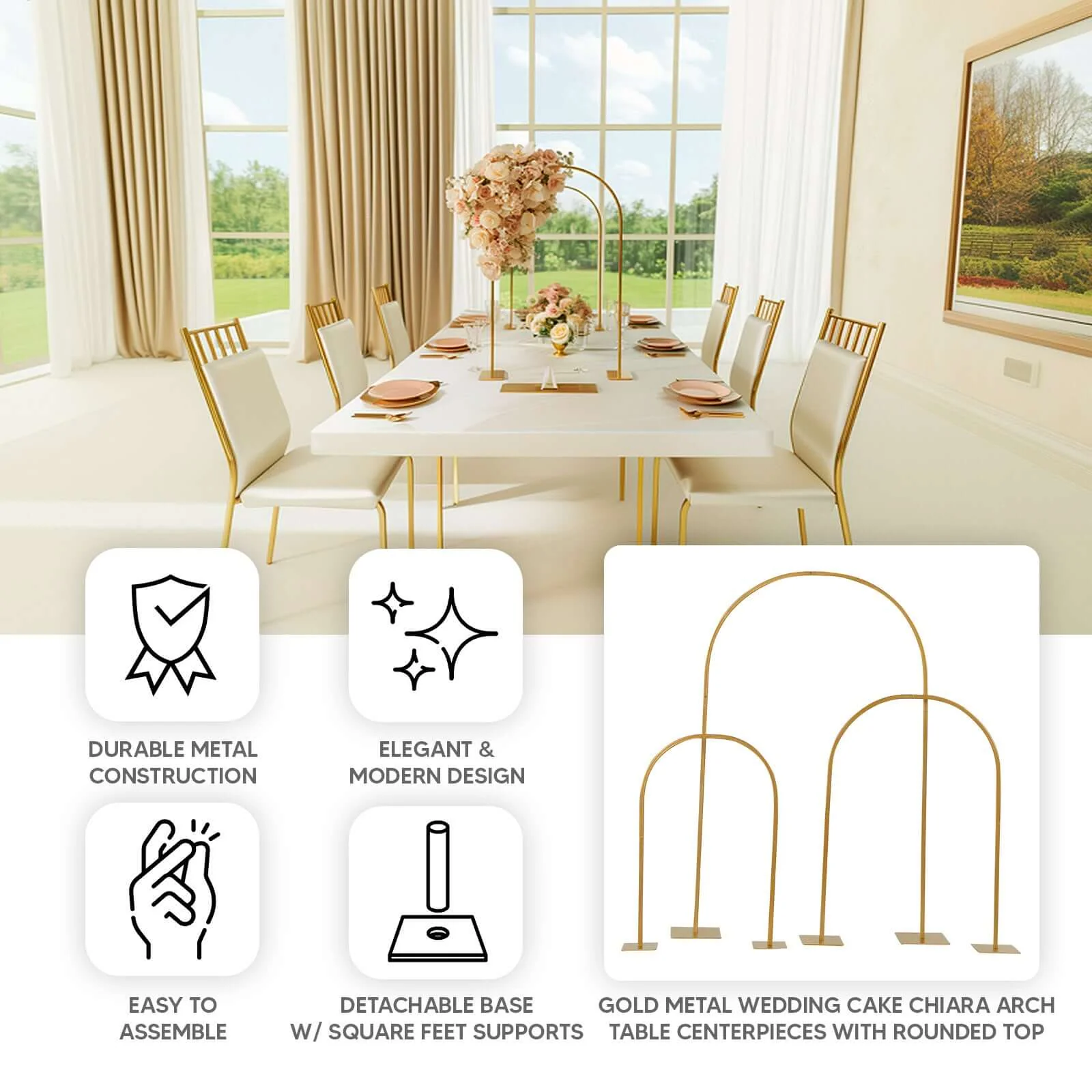Metal Wedding Cake Chiara Arch Table Centerpiece Gold 23" with Rounded Top - Flower Stand Frame with Detachable Base - Image 4