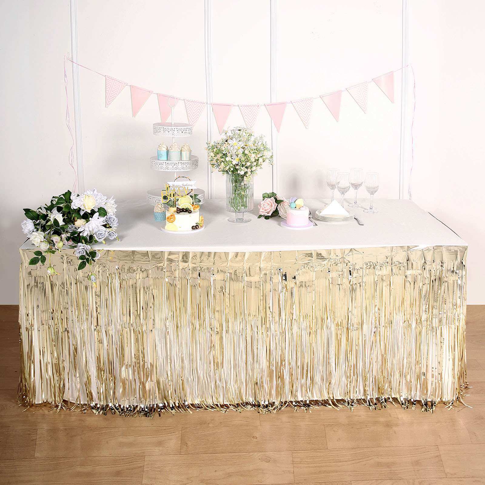 Metallic Foil Fringe Table Skirt 30"x9ft Champagne with Self Adhesive Backing - Tinsel Party Table Skirt