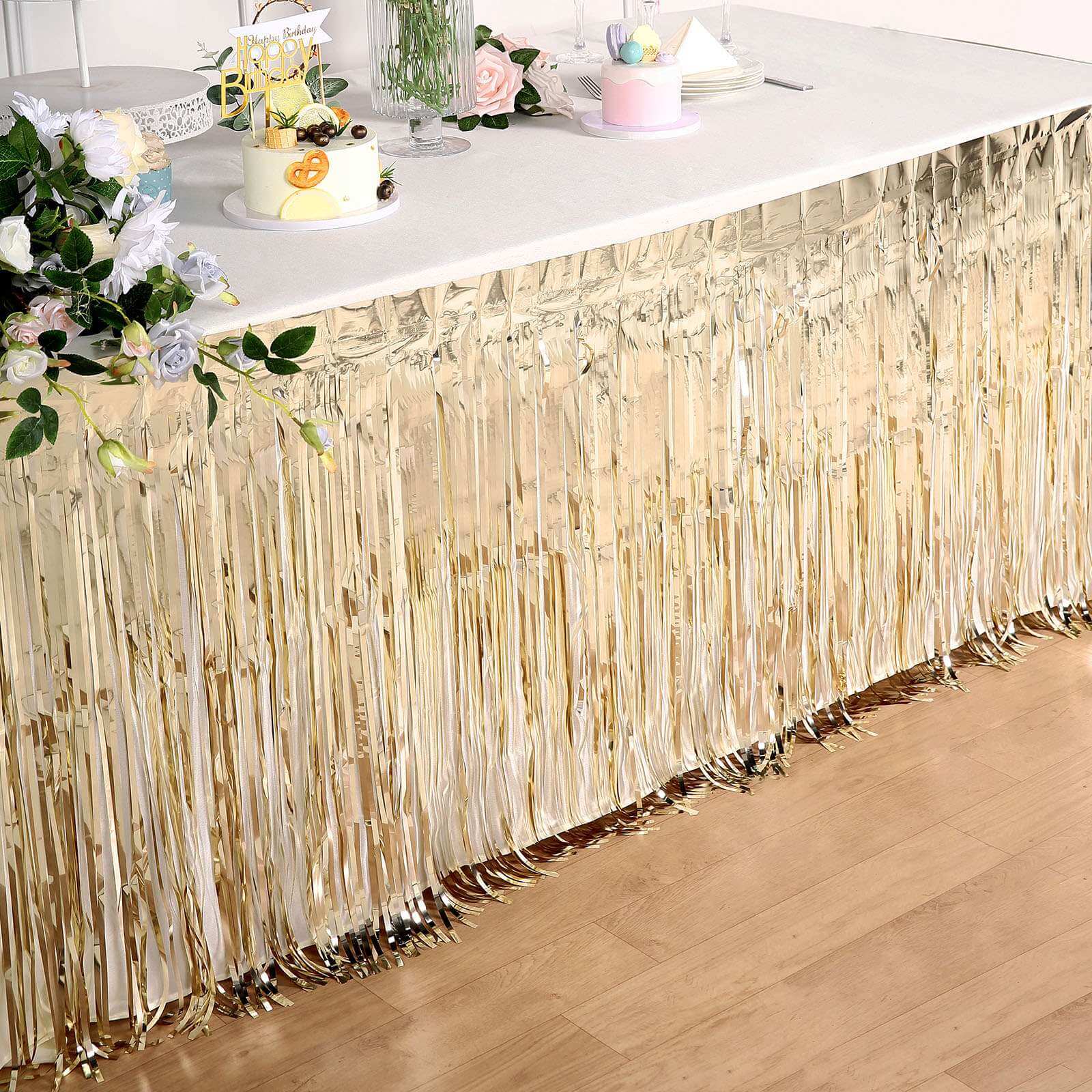 Metallic Foil Fringe Table Skirt 30"x9ft Champagne with Self Adhesive Backing - Tinsel Party Table Skirt - Image 6