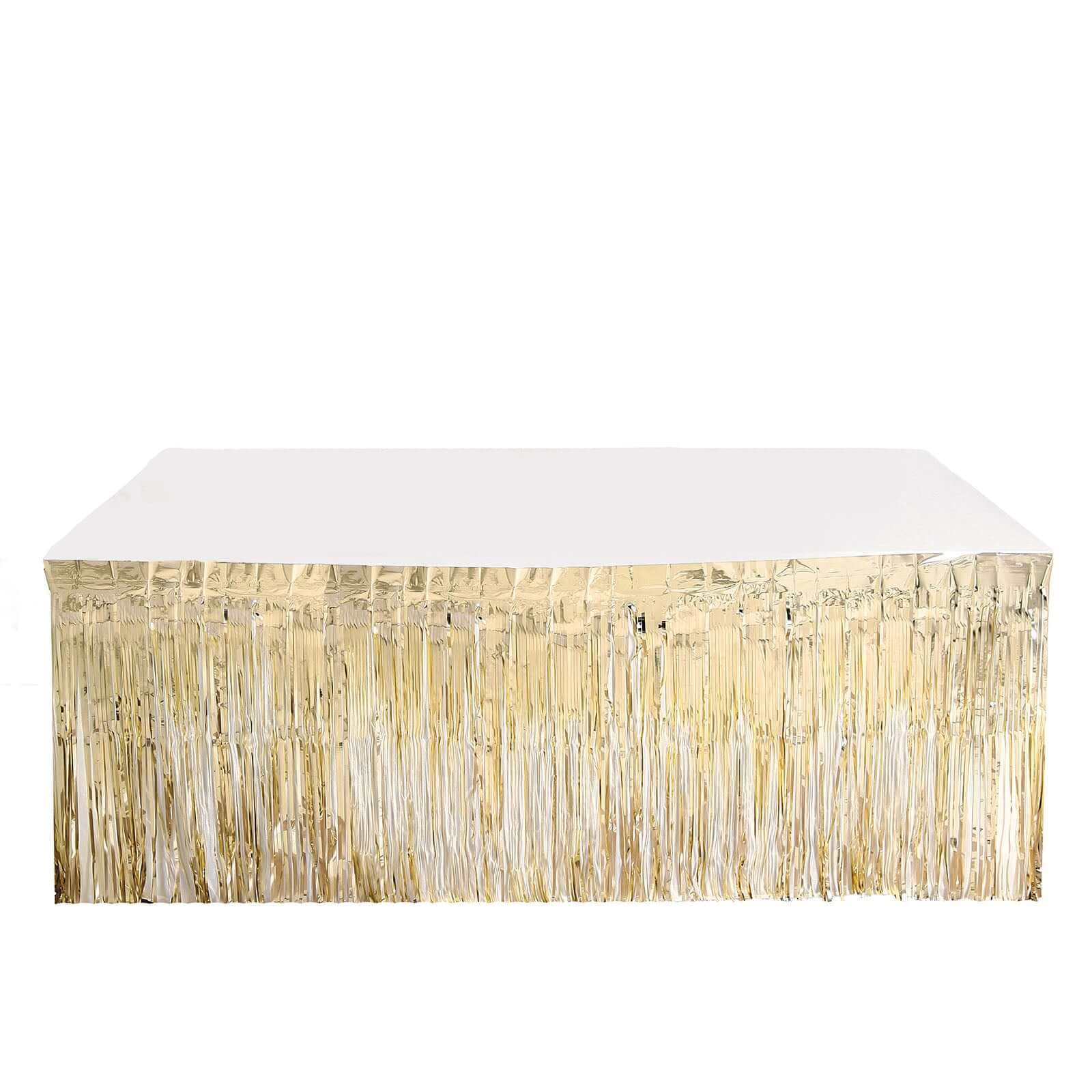 Metallic Foil Fringe Table Skirt 30"x9ft Champagne with Self Adhesive Backing - Tinsel Party Table Skirt - Image 7