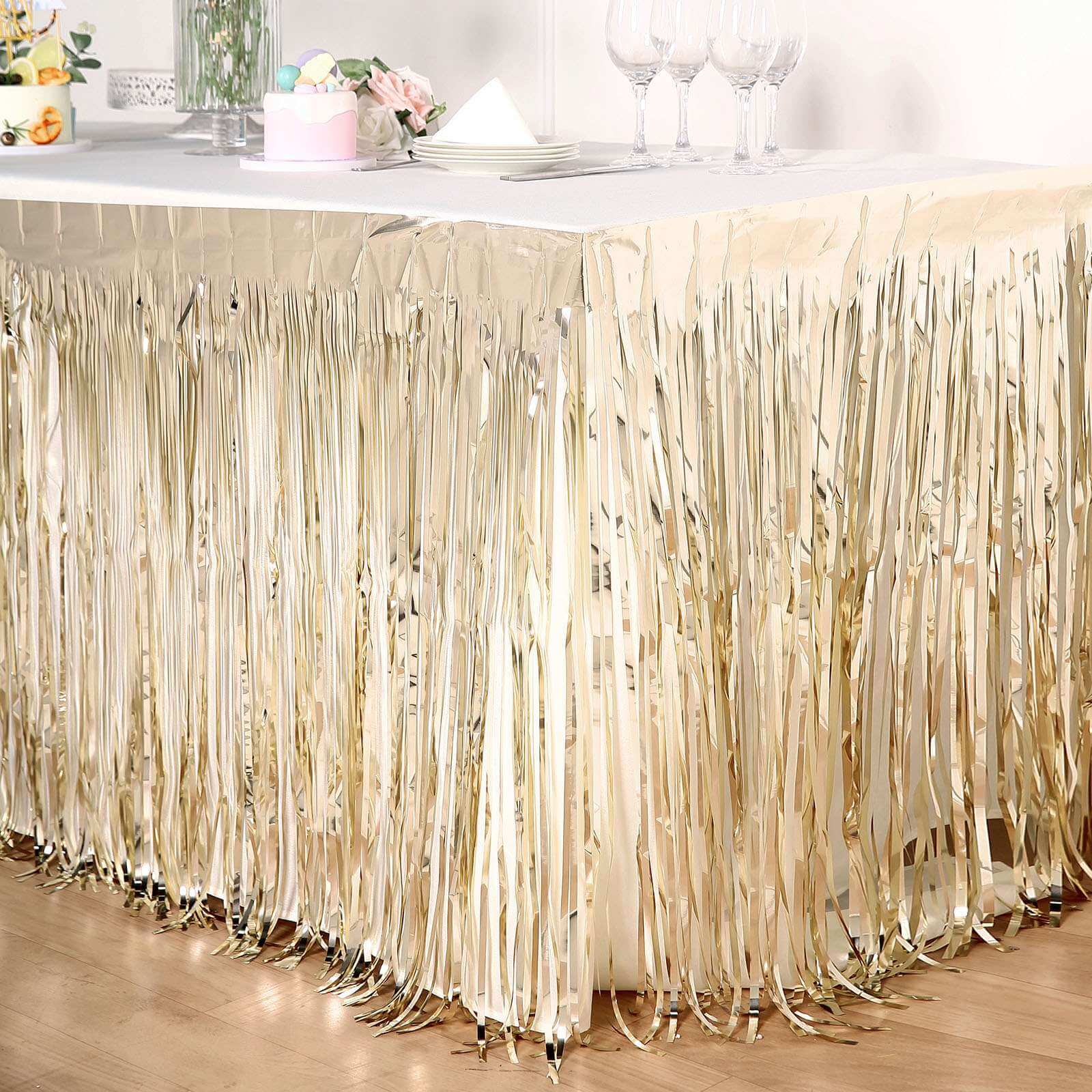 Metallic Foil Fringe Table Skirt 30"x9ft Champagne with Self Adhesive Backing - Tinsel Party Table Skirt - Image 9