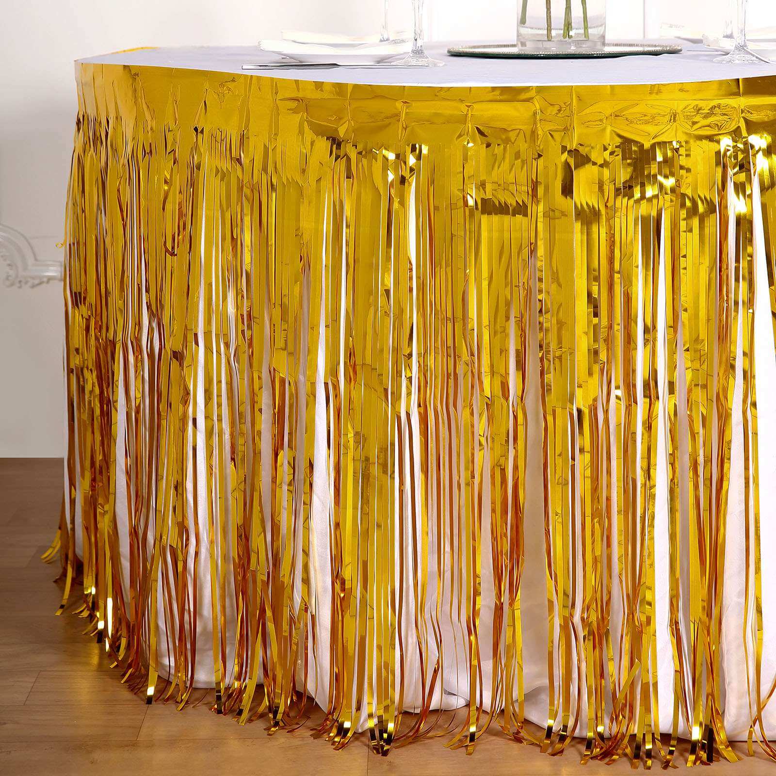 Metallic Foil Fringe Table Skirt 30"x9ft Gold with Self Adhesive Backing - Tinsel Party Table Skirt - Image 10