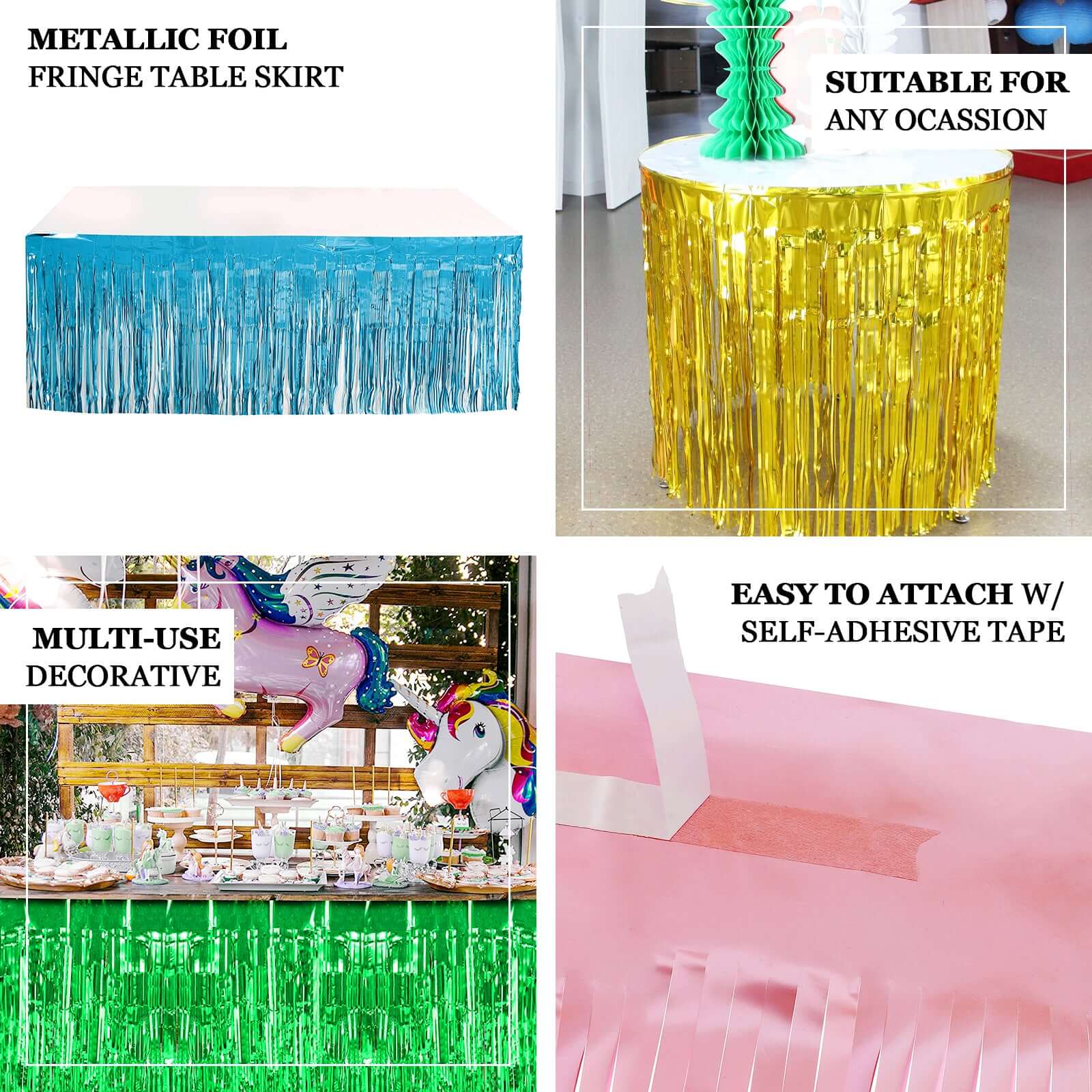 Metallic Foil Fringe Table Skirt 30"x9ft Matte Gold with Self Adhesive Backing - Tinsel Party Table Skirt - Image 3