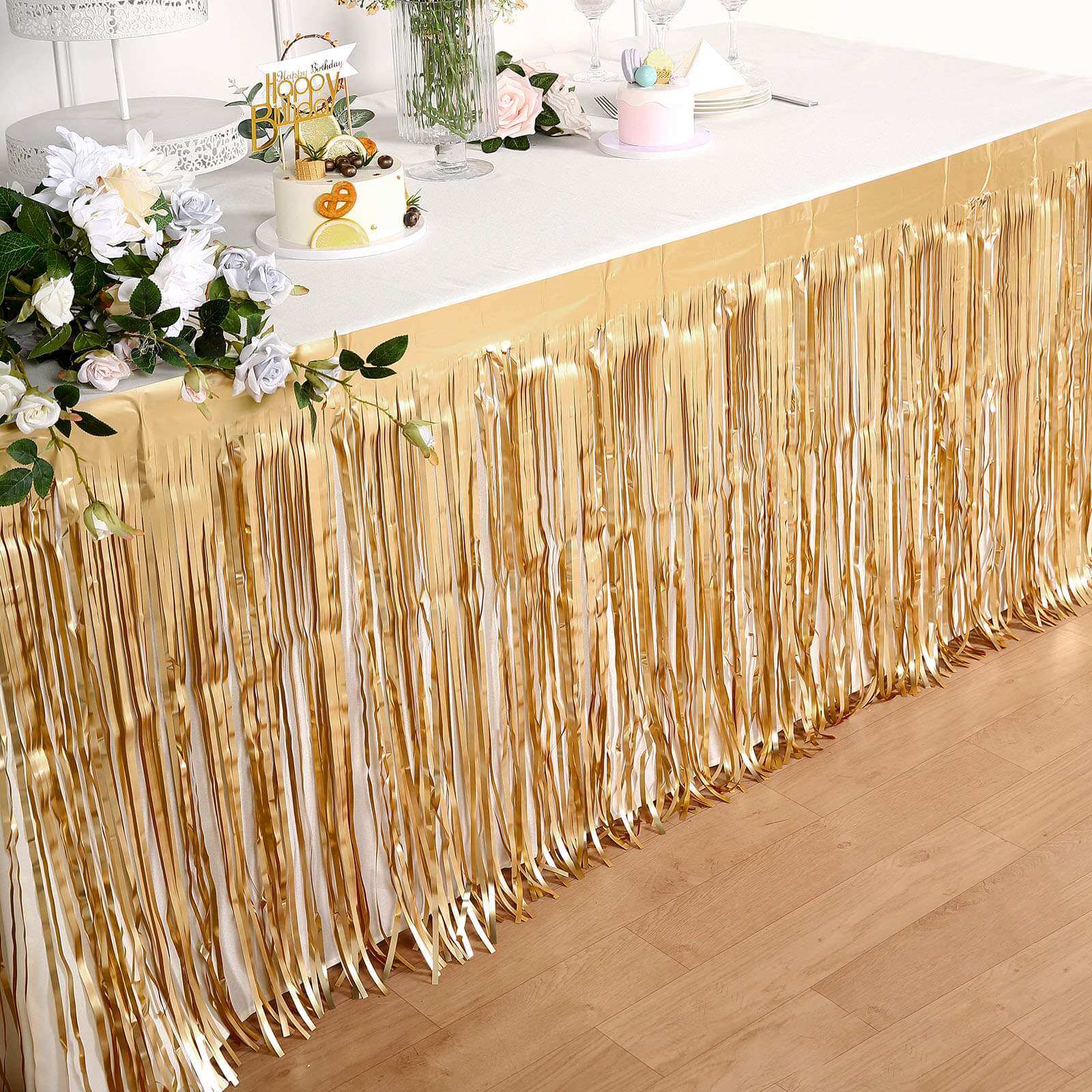 Metallic Foil Fringe Table Skirt 30"x9ft Matte Gold with Self Adhesive Backing - Tinsel Party Table Skirt - Image 6