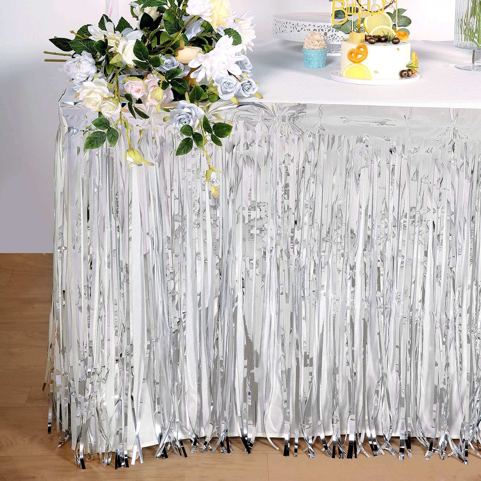 Metallic Foil Fringe Table Skirt 30"x9ft Silver with Self Adhesive Backing - Tinsel Party Table Skirt - Image 2
