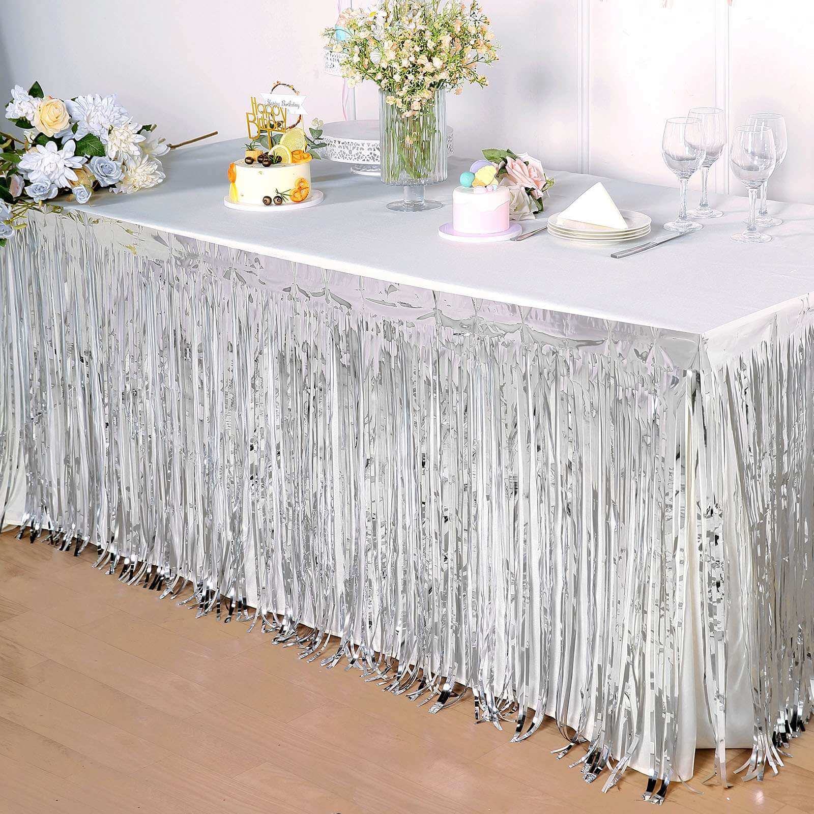 Metallic Foil Fringe Table Skirt 30"x9ft Silver with Self Adhesive Backing - Tinsel Party Table Skirt - Image 5