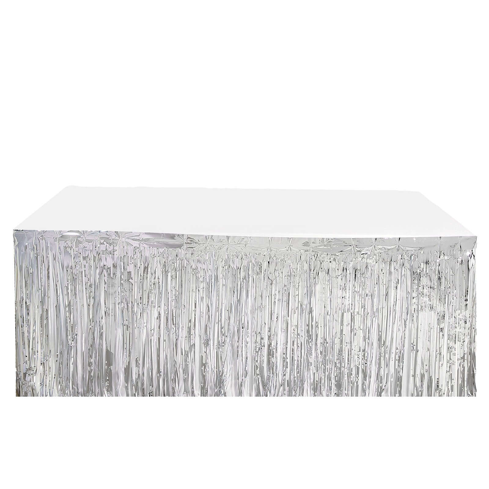 Metallic Foil Fringe Table Skirt 30"x9ft Silver with Self Adhesive Backing - Tinsel Party Table Skirt - Image 6