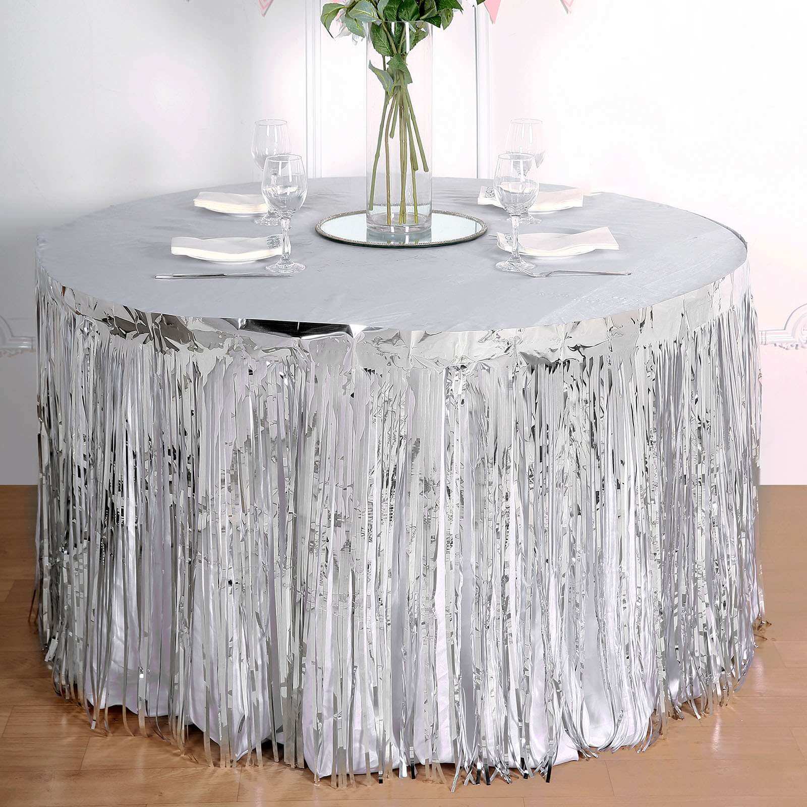 Metallic Foil Fringe Table Skirt 30"x9ft Silver with Self Adhesive Backing - Tinsel Party Table Skirt - Image 7