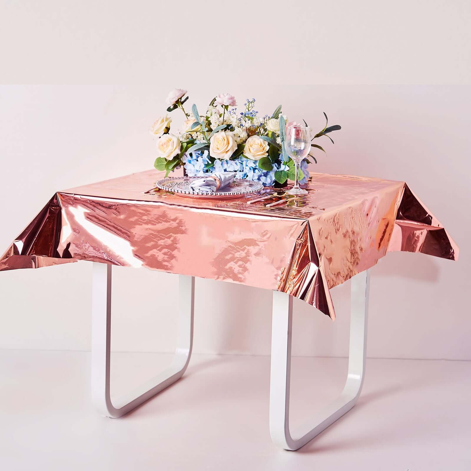Metallic Foil Tablecloth 50"x50" Square Rose Gold - Disposable Table Cover for Events - Image 6