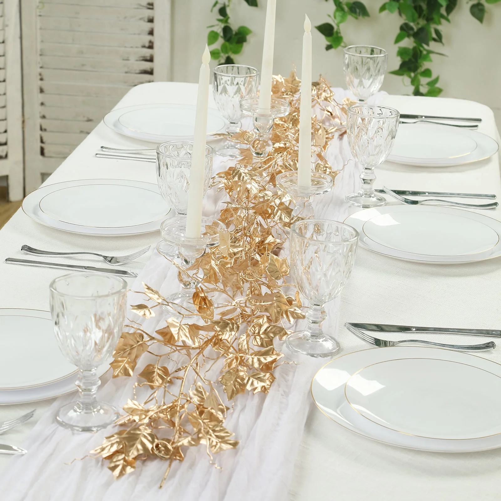 Metallic Gold Artificial Ivy Leaves Garland - 6.5ft Hanging Vine for Table, Arch & Backdrop Decor - Image 6