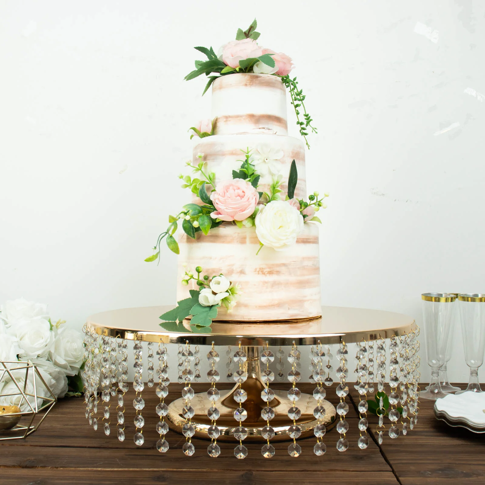 Metal Chandelier Cake Stand 18" Round Metallic Gold with Hanging Crystal Chains - Cupcake Dessert Display Centerpiece - Image 6