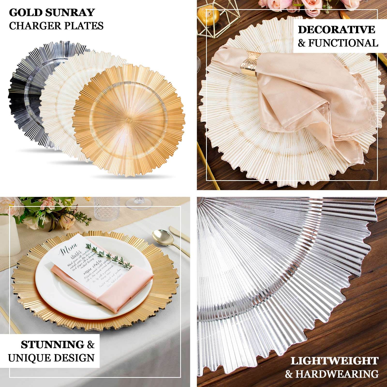 6-Pack Acrylic Plastic Charger Plates 13" Round Metallic Gold with Sunray Scalloped Rim - Decorative Dinner Party Charger Tableware - Image 4