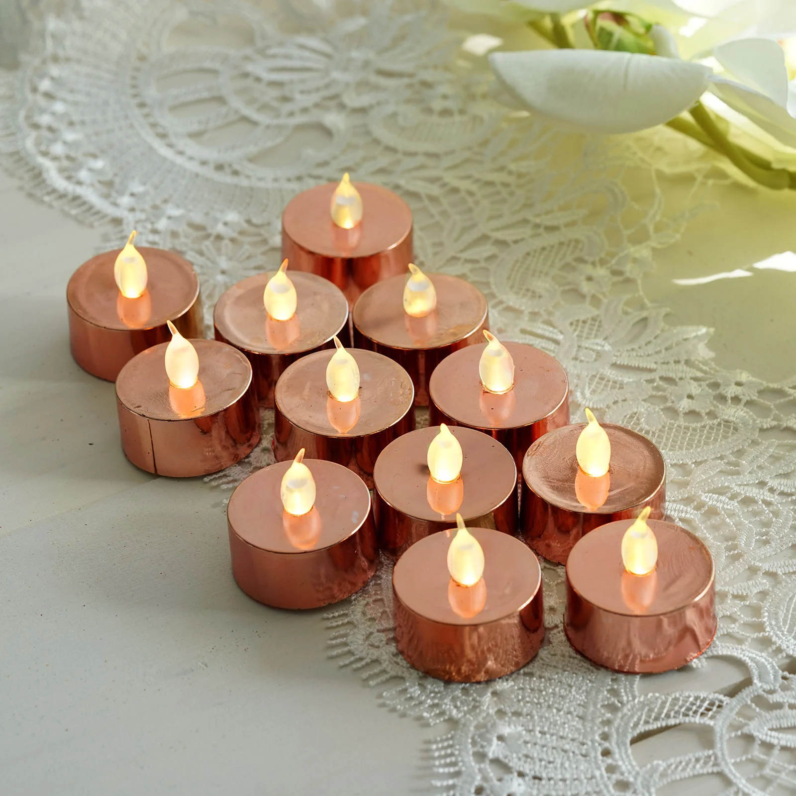 12-Pack LED Tealight Candles Metallic Rose Gold Design - Flameless Reusable Battery Operated Lighting - Image 2