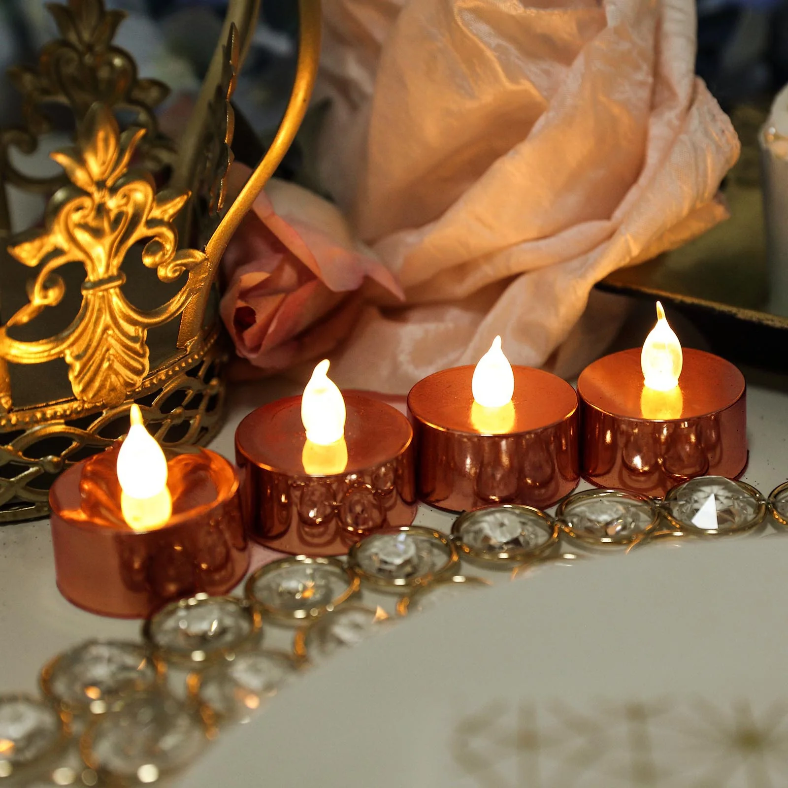 12-Pack LED Tealight Candles Metallic Rose Gold Design - Flameless Reusable Battery Operated Lighting - Image 7