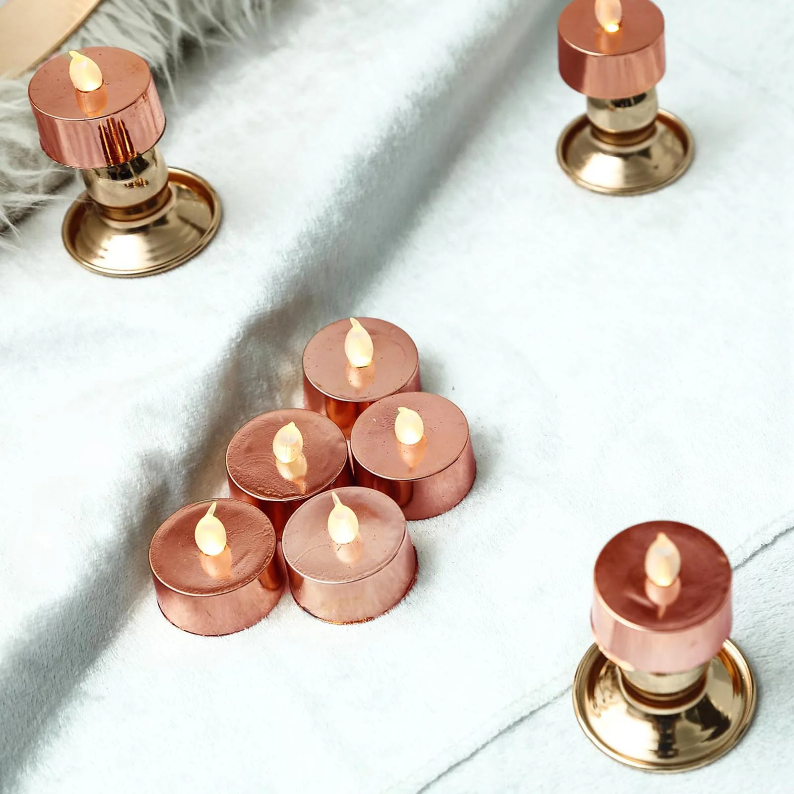 12-Pack LED Tealight Candles Metallic Rose Gold Design - Flameless Reusable Battery Operated Lighting - Image 8