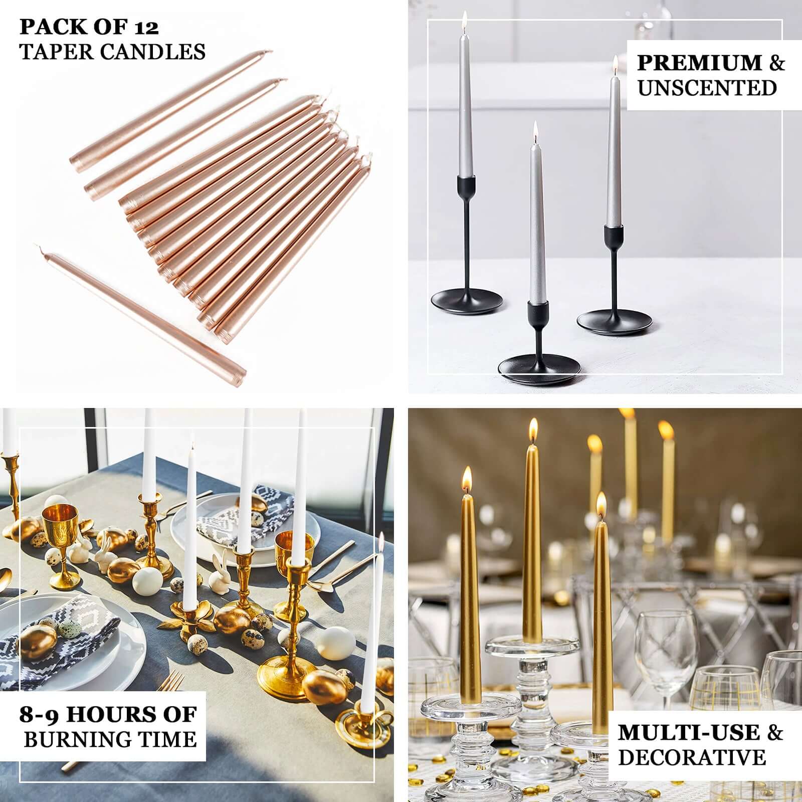 12-Pack Taper Candles 10" Premium Wax Design Metallic Rose Gold - Unscented Candles - Image 4