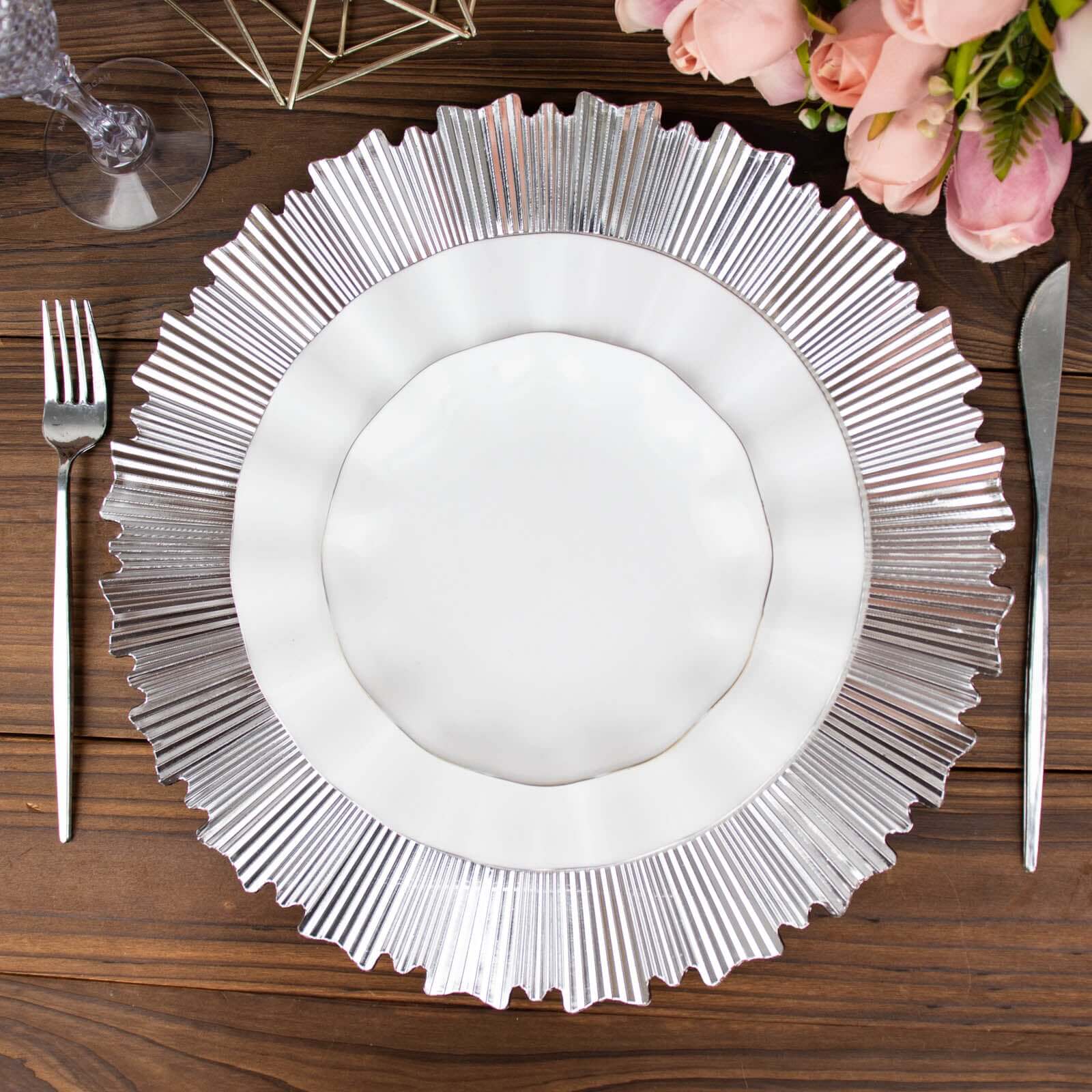 6-Pack Acrylic Plastic Charger Plates 13" Round Metallic Silver with Sunray Scalloped Rim - Dinner Charger Tableware - Image 6