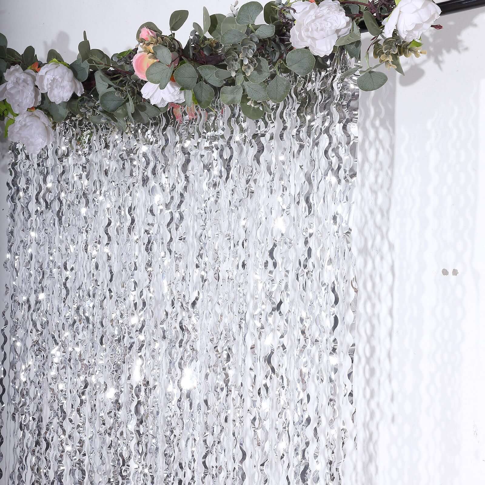 Metallic Silver Wavy Tinsel Streamer Party Backdrop, Curly Foil Fringe Photo Booth Curtain 3ftx6ft - Image 2