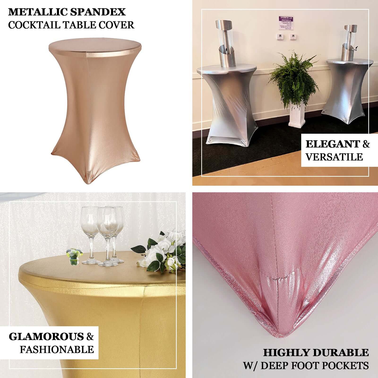 Metallic Spandex Fitted Round Cocktail Table Cover 30" Blush Highboy Tablecloth - Stretch Fit & Water-Resistant - Image 3