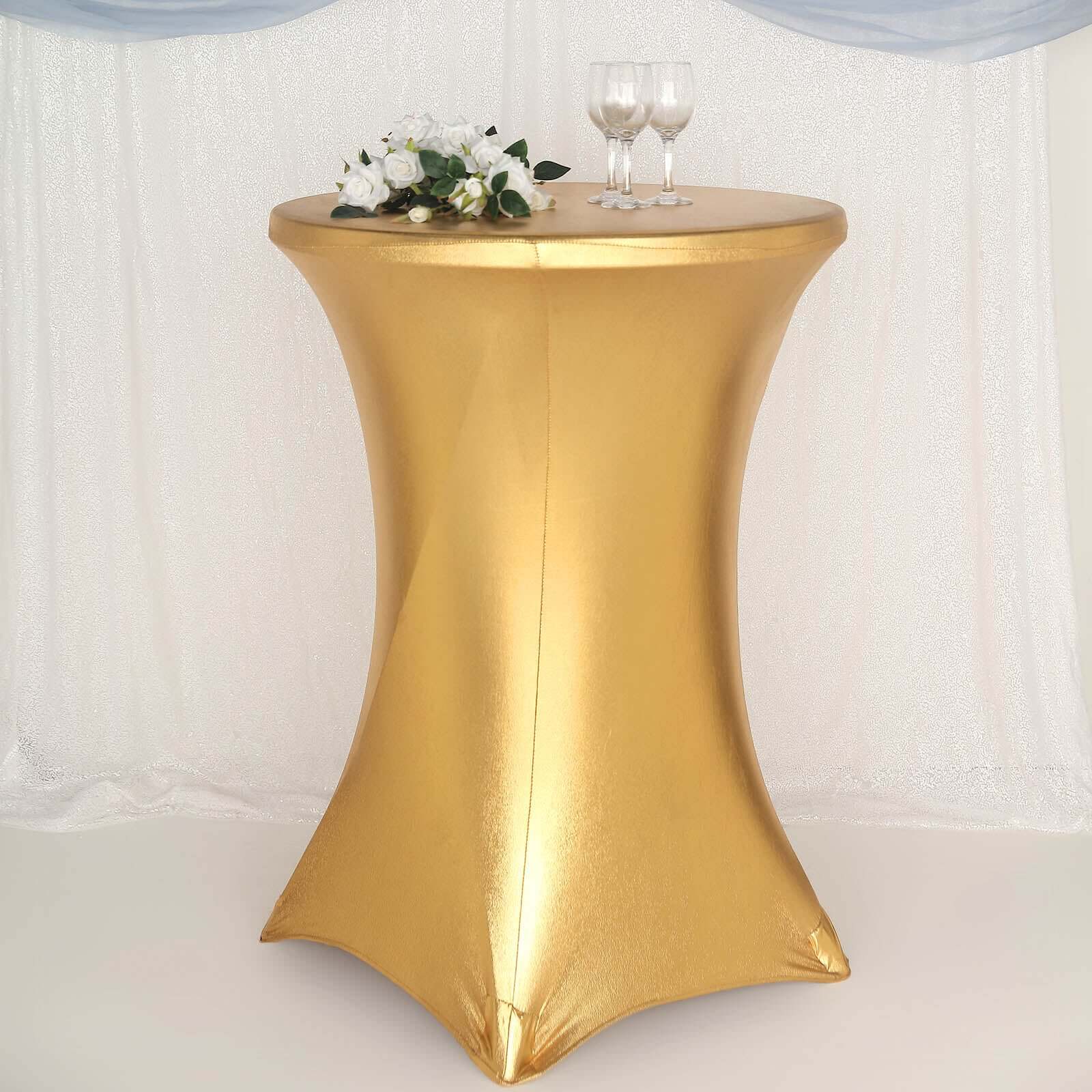Metallic Spandex Fitted Round Cocktail Table Cover 30" Gold Highboy Tablecloth - Stretch Fit & Water-Resistant - Image 4