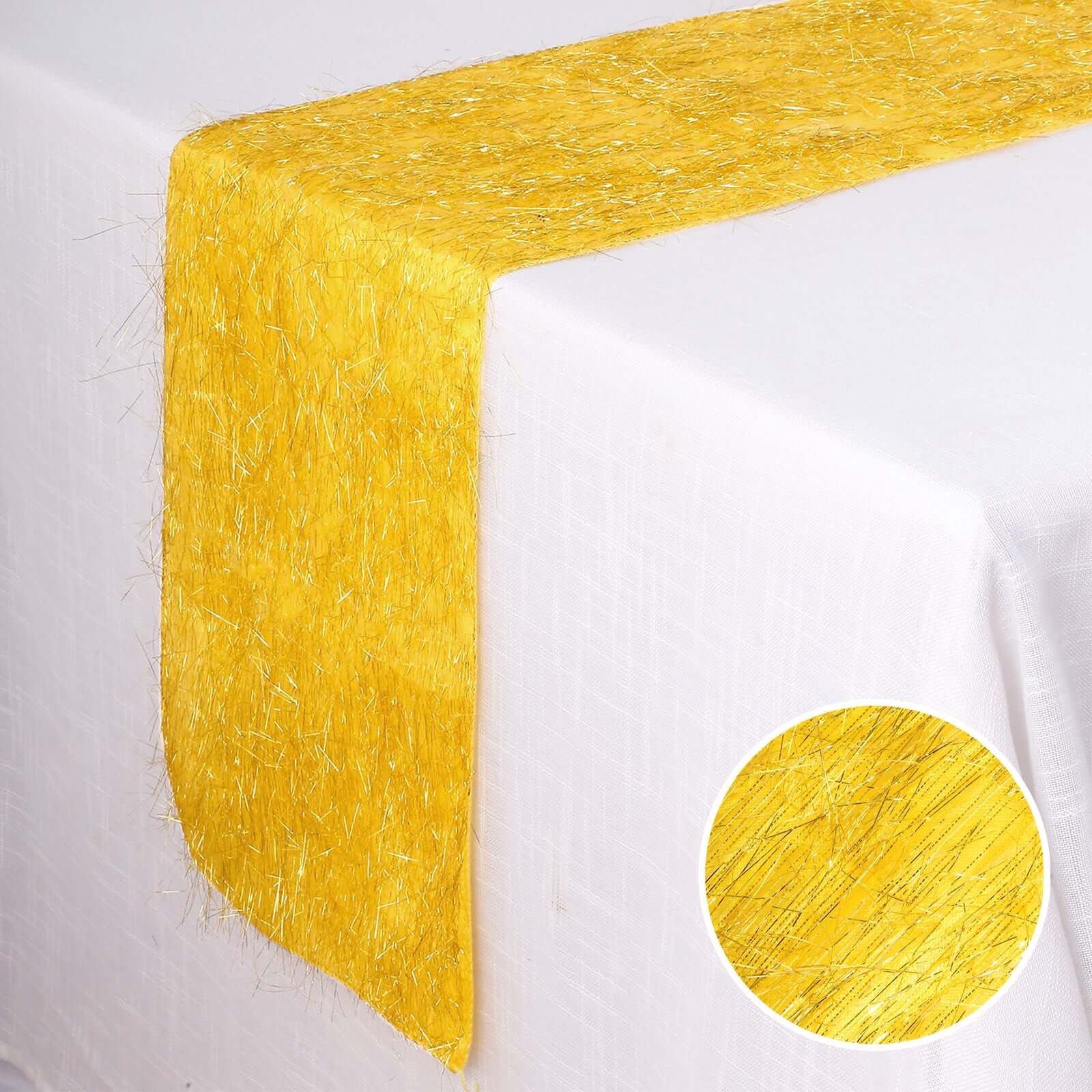 Metallic Tinsel Table Runner 12"x108" Gold Fringe Shag - Shimmery Polyester Event Table Linen