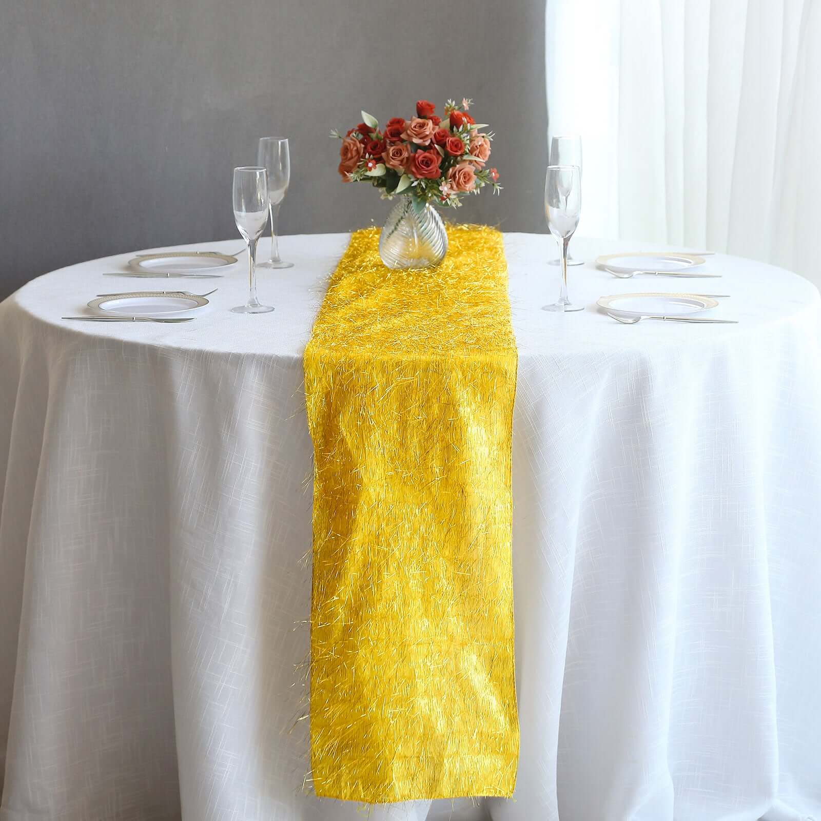 Metallic Tinsel Table Runner 12"x108" Gold Fringe Shag - Shimmery Polyester Event Table Linen - Image 5