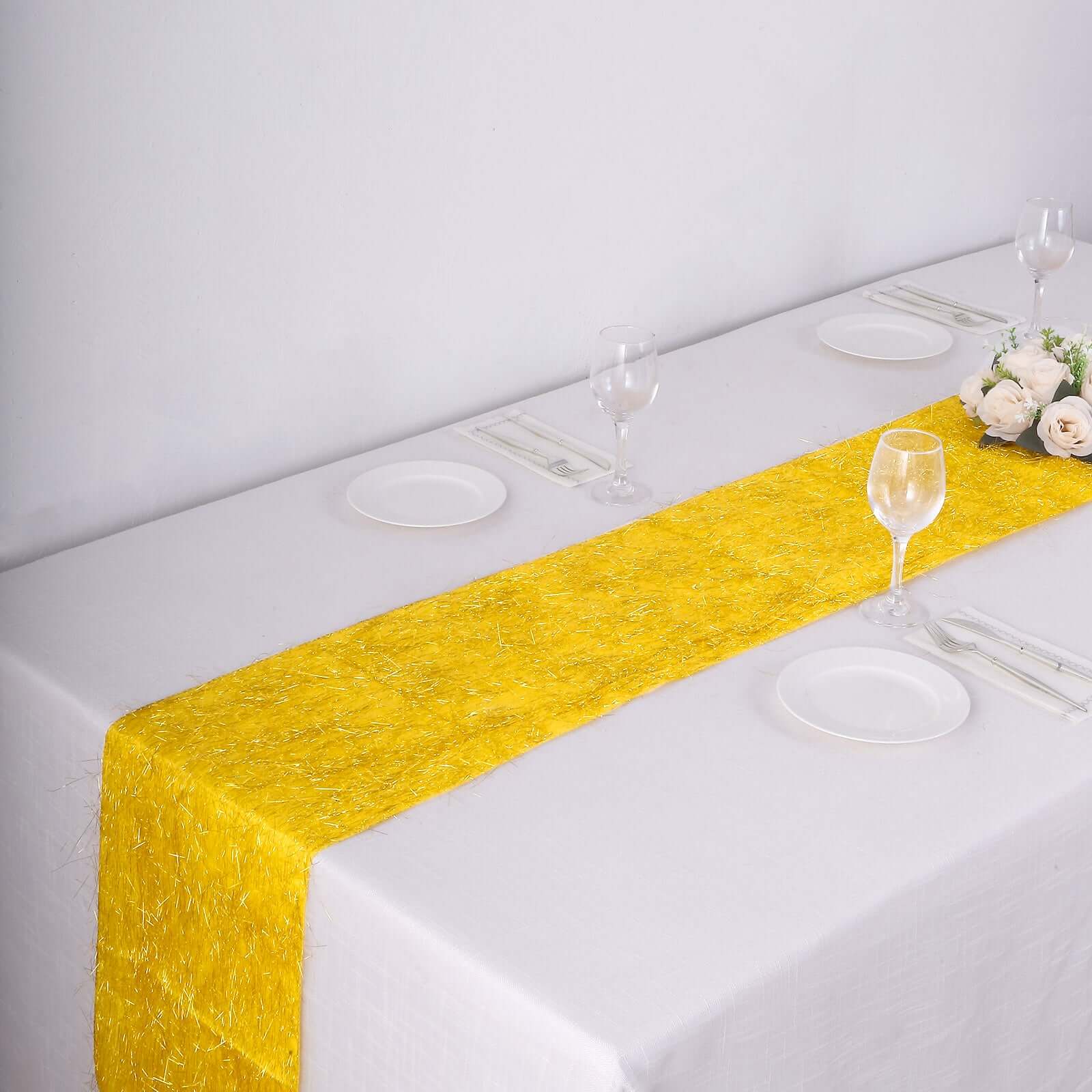 Metallic Tinsel Table Runner 12"x108" Gold Fringe Shag - Shimmery Polyester Event Table Linen - Image 6