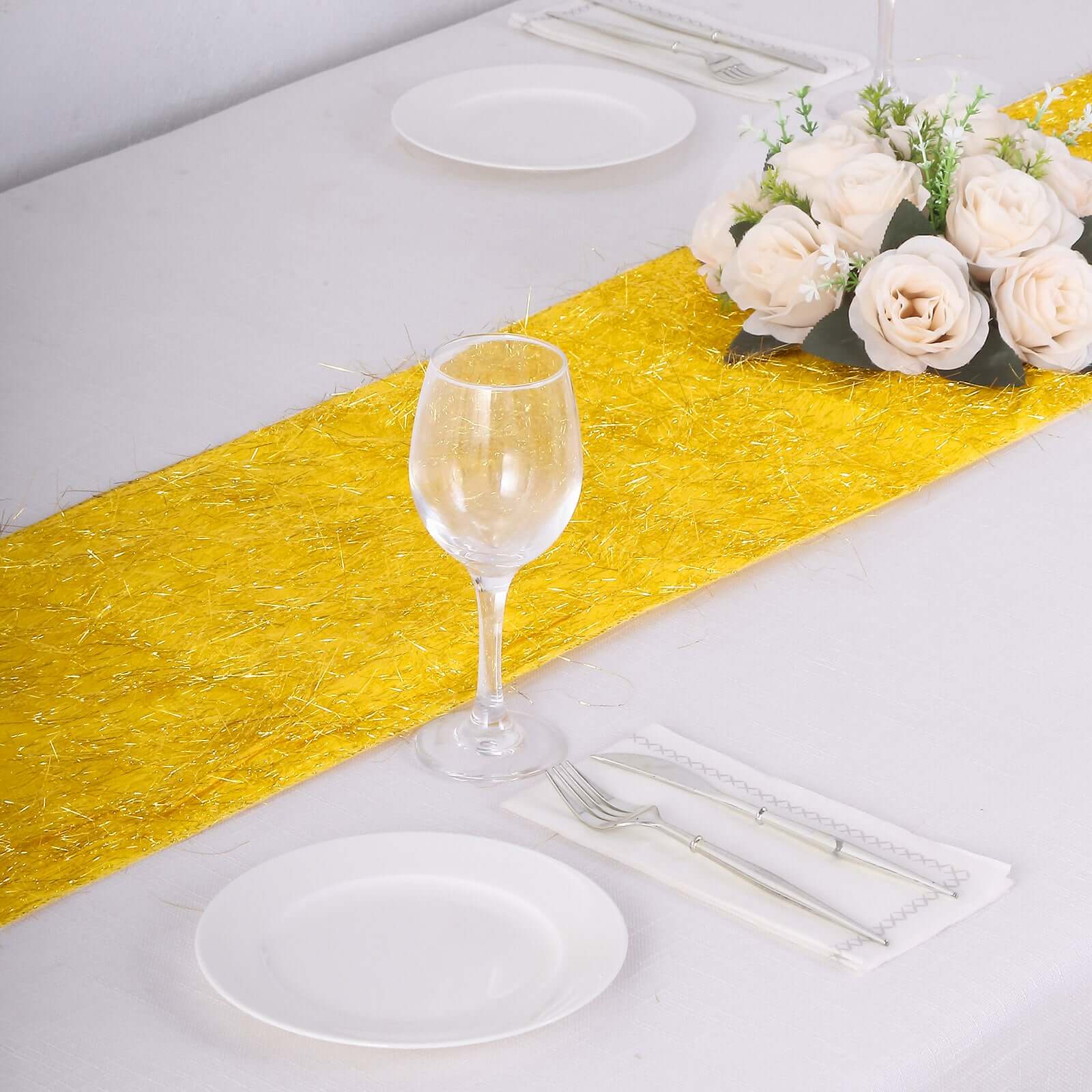Metallic Tinsel Table Runner 12"x108" Gold Fringe Shag - Shimmery Polyester Event Table Linen - Image 7