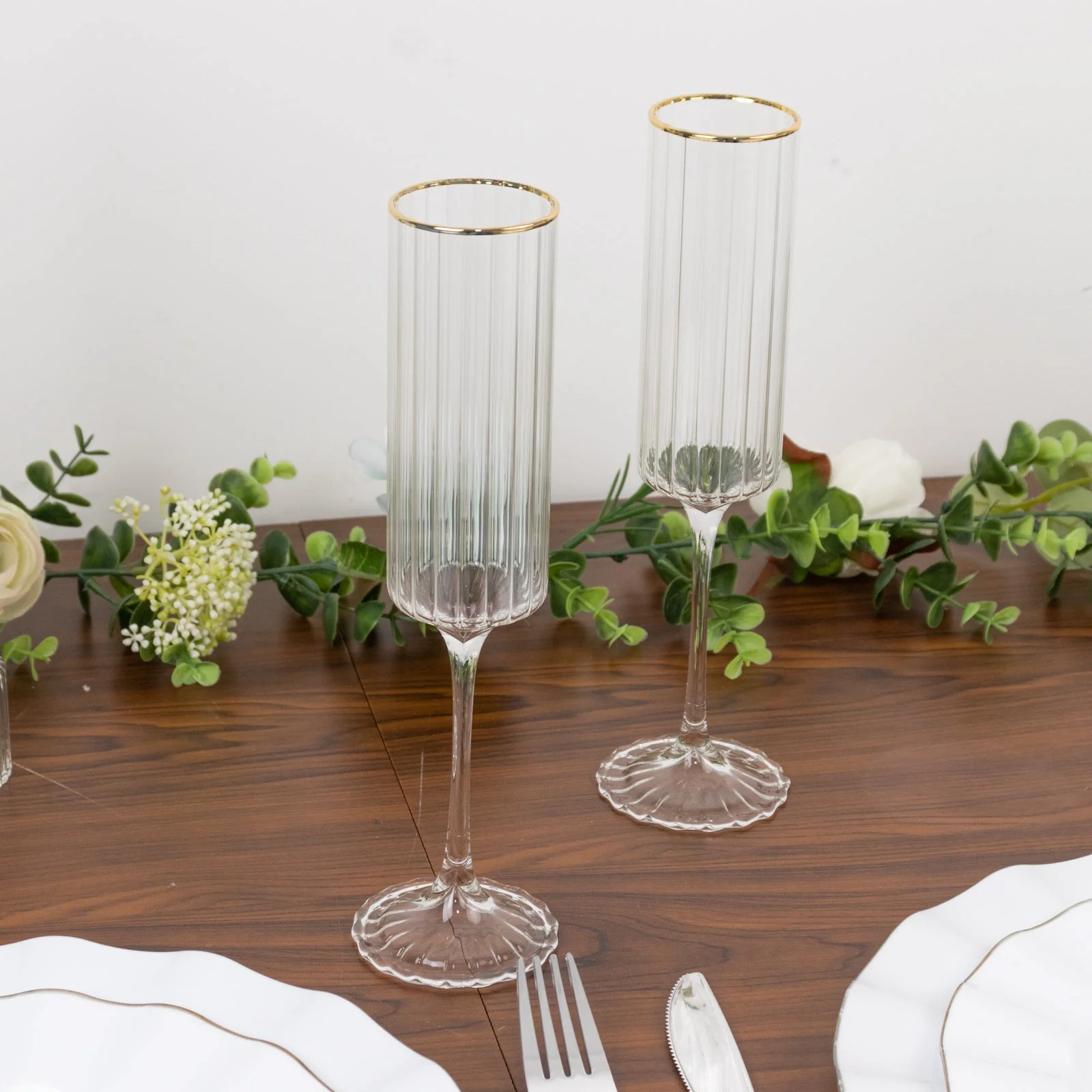6-Pack Modern Champagne Flutes – 7oz Real Glass, Clear Ribbed Cylindrical Design with Gold Rim, Elegant Toasting Glasses for Weddings & Celebrations – 9.5" Tall - Image 5