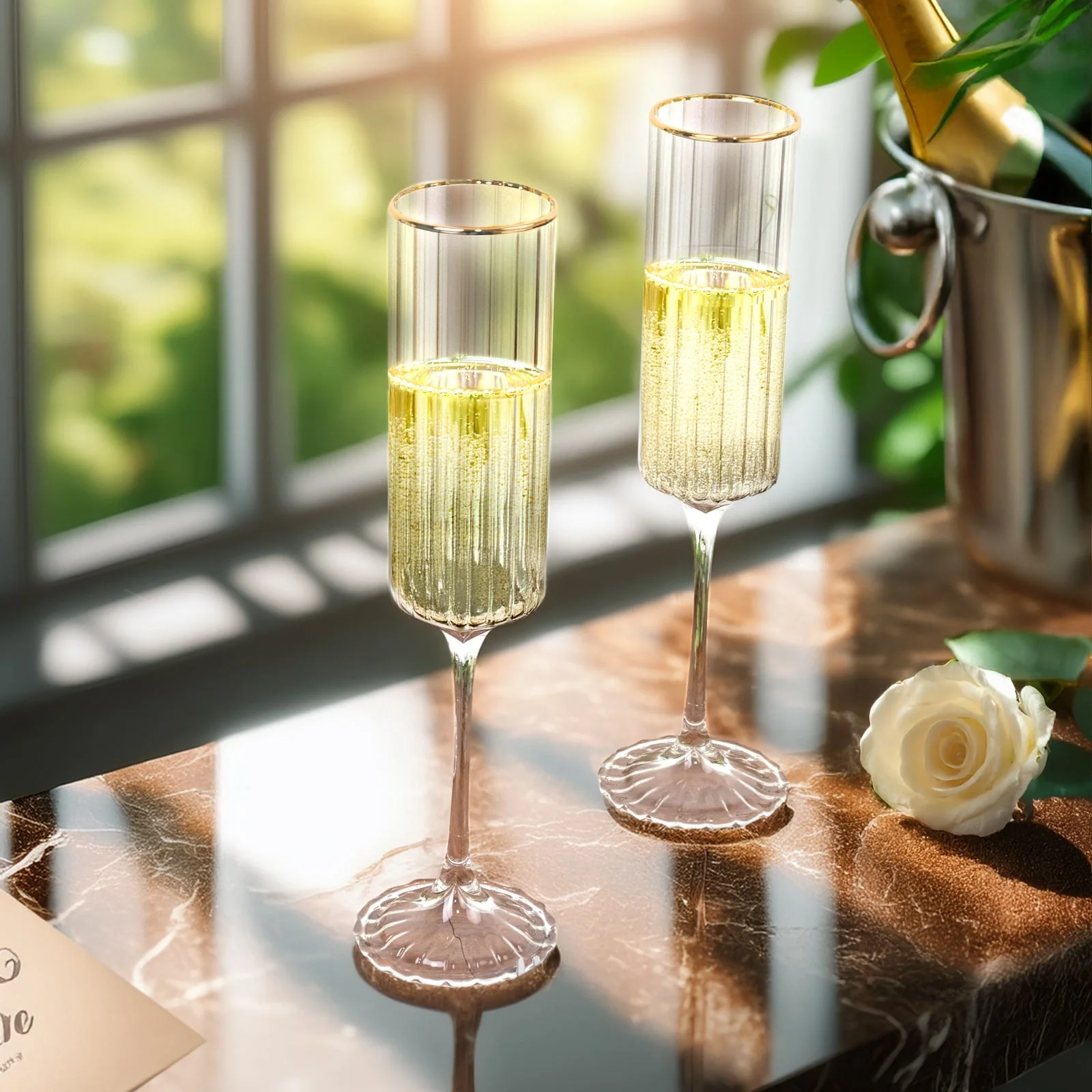 6-Pack Modern Champagne Flutes – 7oz Real Glass, Clear Ribbed Cylindrical Design with Gold Rim, Elegant Toasting Glasses for Weddings & Celebrations – 9.5" Tall - Image 8