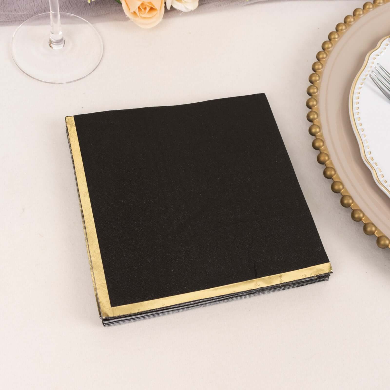 50-Pack Paper Beverage Napkins 2 Ply Black with Gold Foil Edge 6.5"x6.5" - Soft Disposable Cocktail Napkins - Image 2