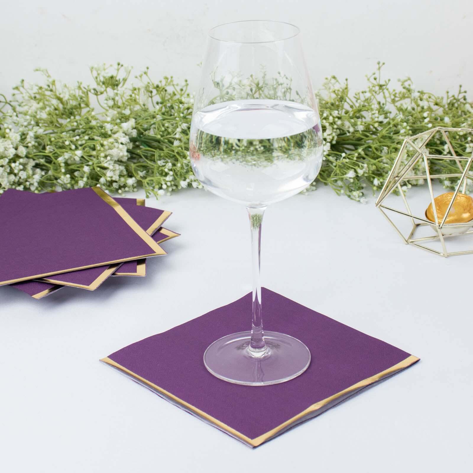 50-Pack Paper Beverage Napkins 2 Ply Purple with Gold Foil Edge 6.5"x6.5" - Soft Disposable Cocktail Napkins - Image 2