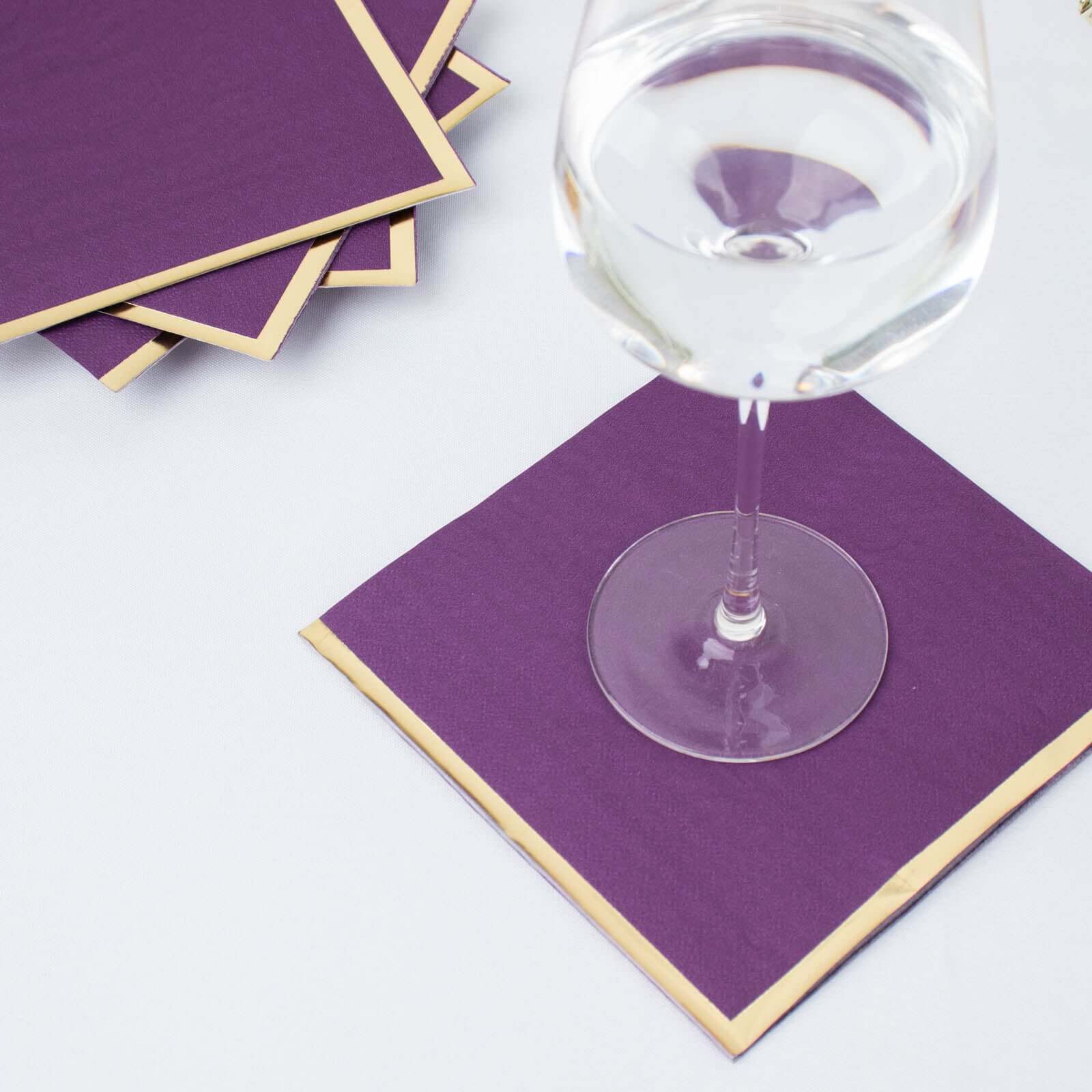 50-Pack Paper Beverage Napkins 2 Ply Purple with Gold Foil Edge 6.5"x6.5" - Soft Disposable Cocktail Napkins - Image 5
