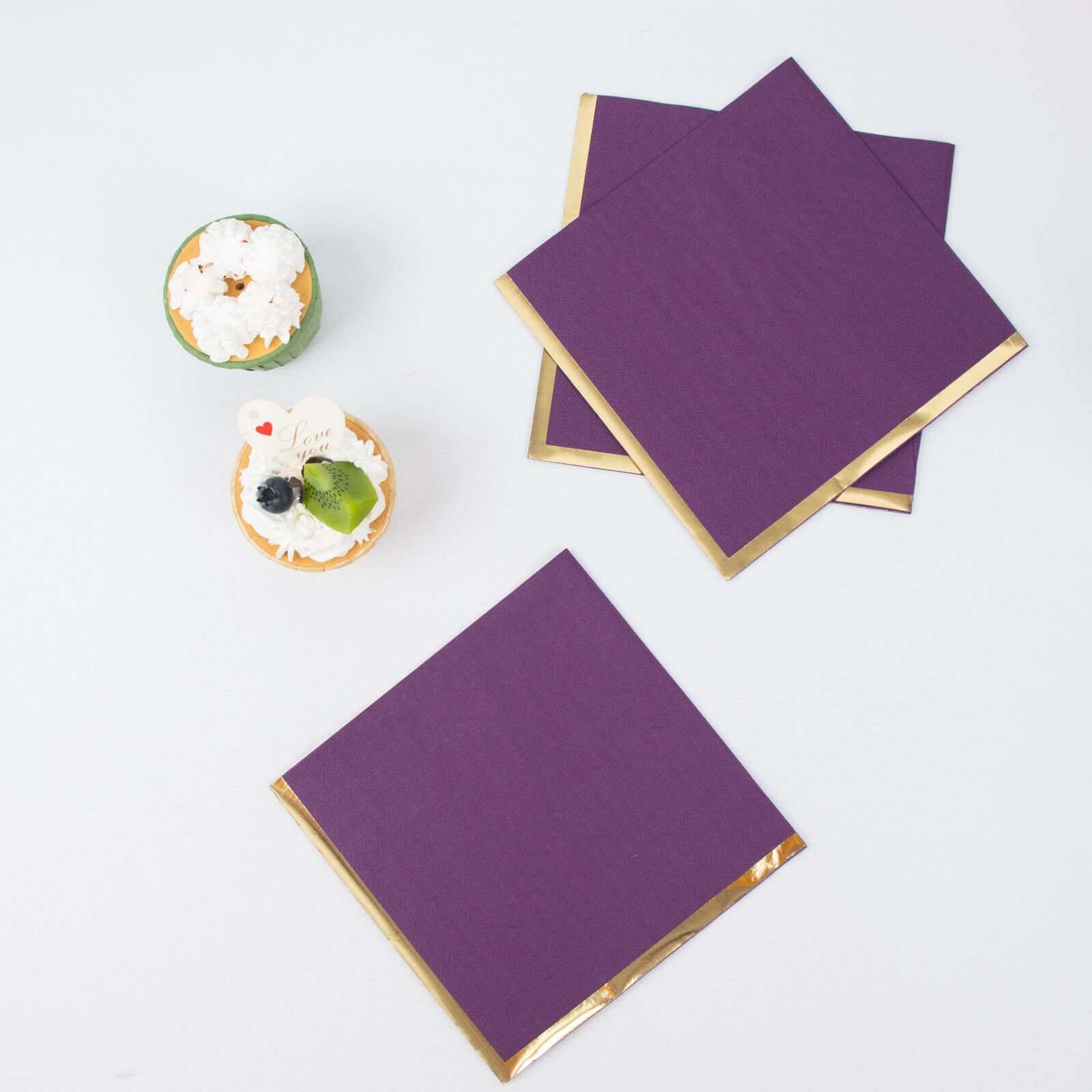 50-Pack Paper Beverage Napkins 2 Ply Purple with Gold Foil Edge 6.5"x6.5" - Soft Disposable Cocktail Napkins - Image 6