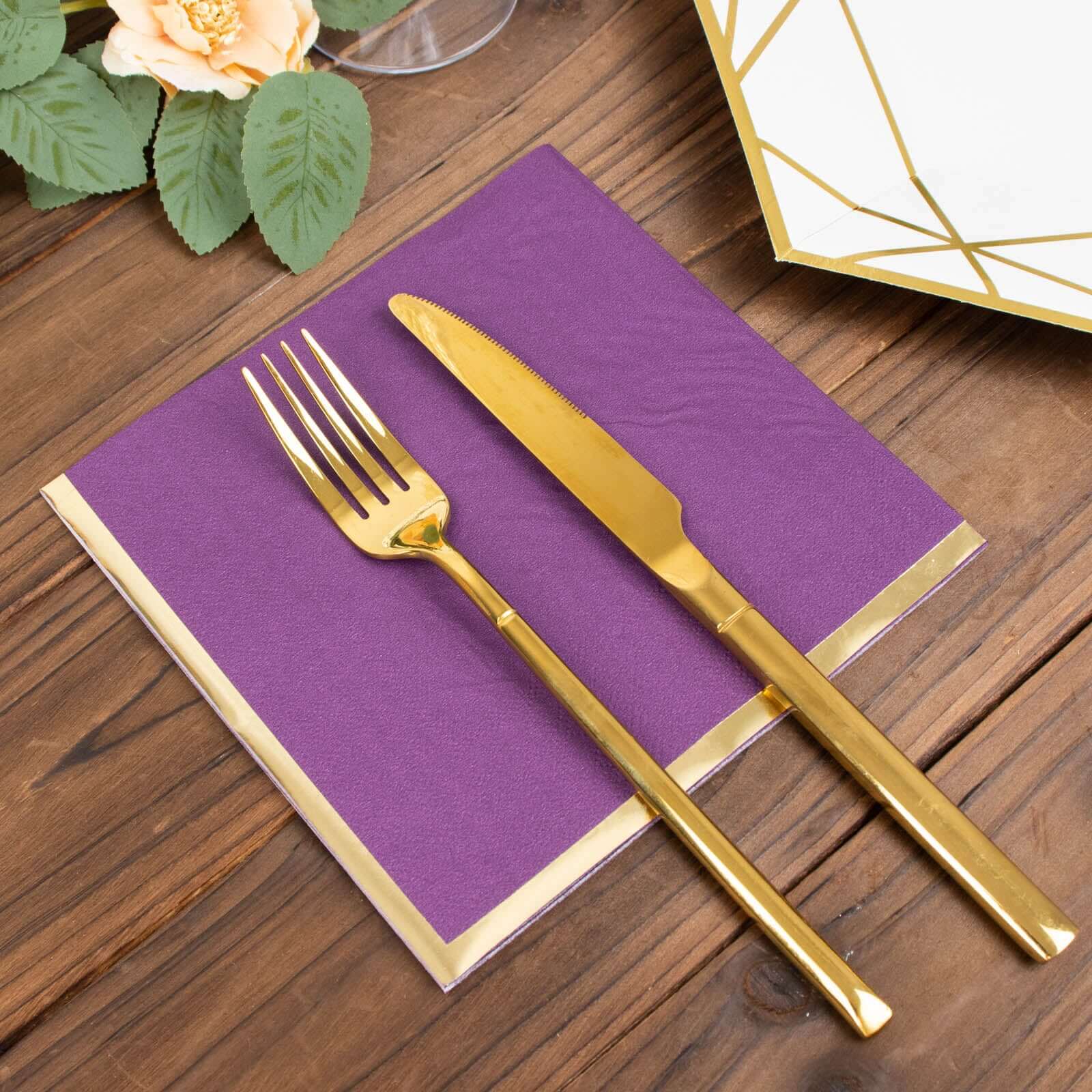 50-Pack Paper Beverage Napkins 2 Ply Purple with Gold Foil Edge 6.5"x6.5" - Soft Disposable Cocktail Napkins - Image 8
