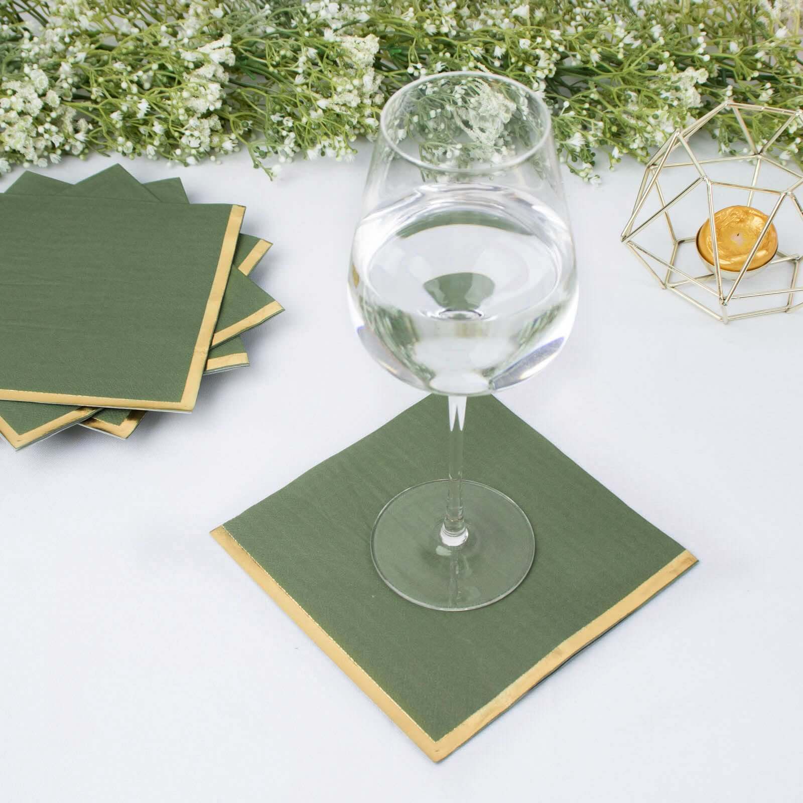50-Pack Paper Beverage Napkins 2 Ply Olive Green with Gold Foil Edge 6.5"x6.5" - Soft Disposable Cocktail Napkins