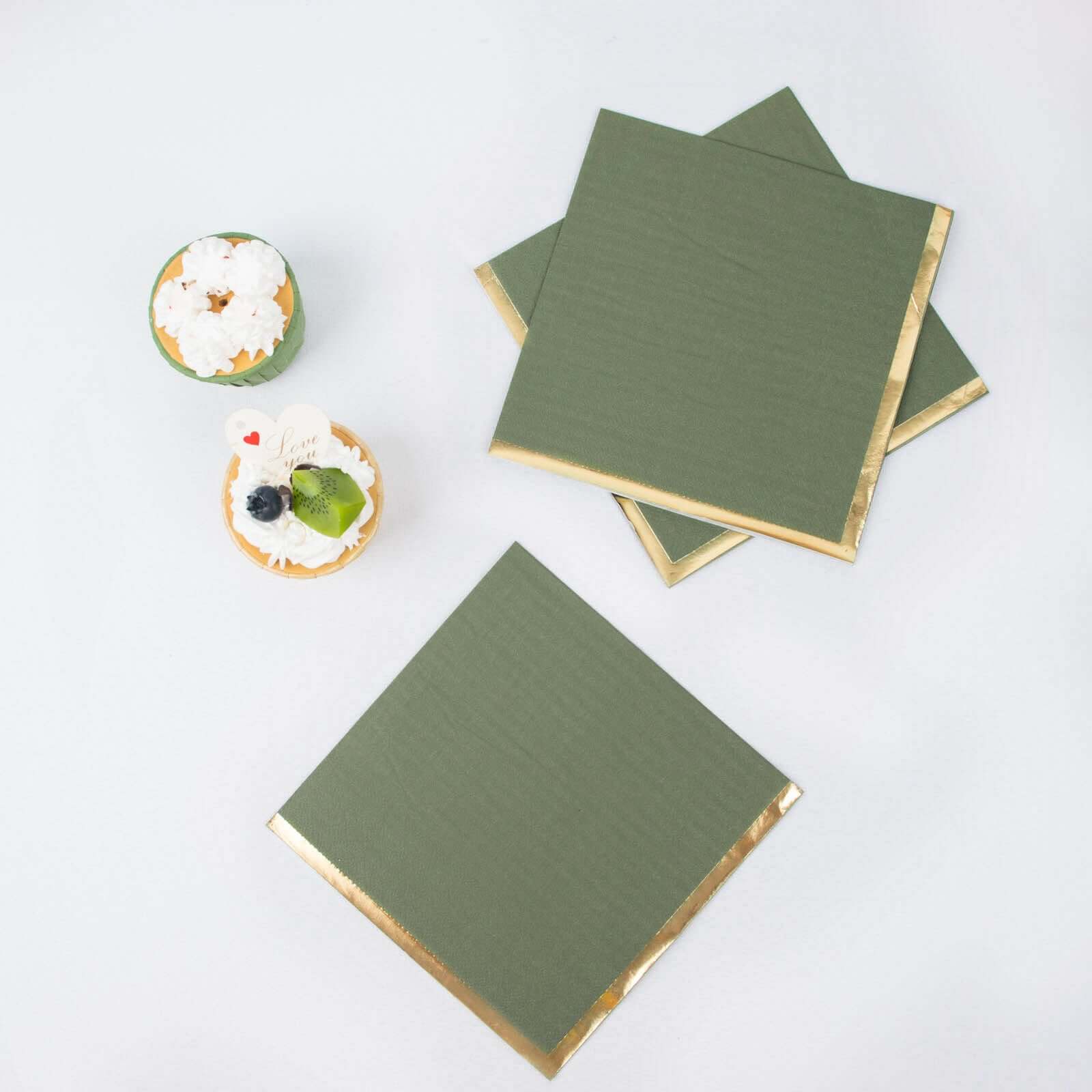 50-Pack Paper Beverage Napkins 2 Ply Olive Green with Gold Foil Edge 6.5"x6.5" - Soft Disposable Cocktail Napkins - Image 6